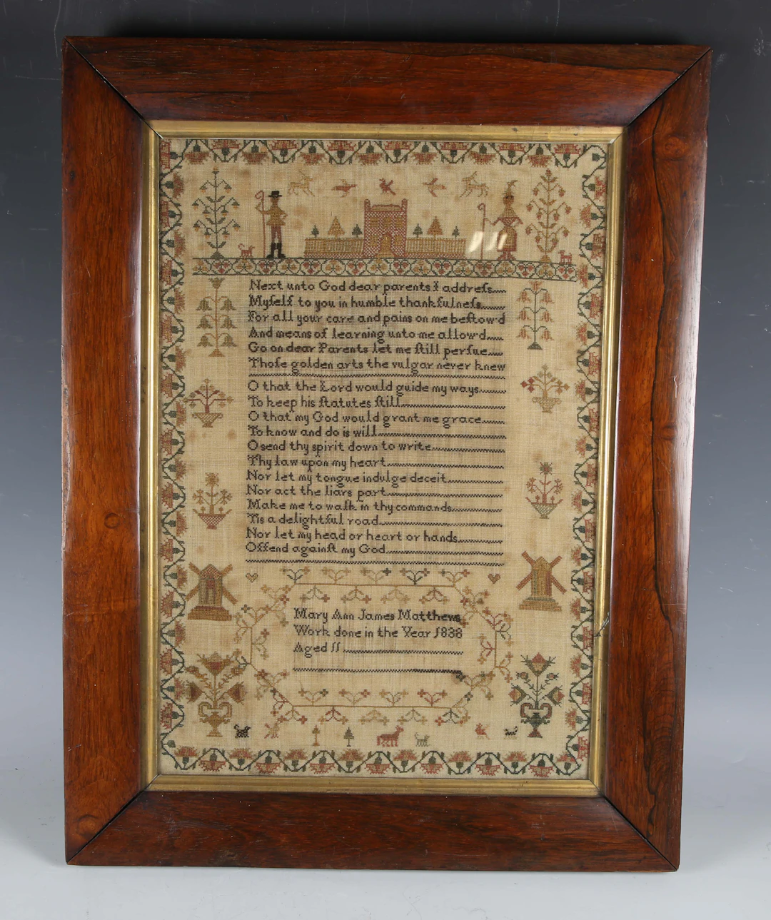 An early Victorian needlework sampler by Mary Ann James Matthews