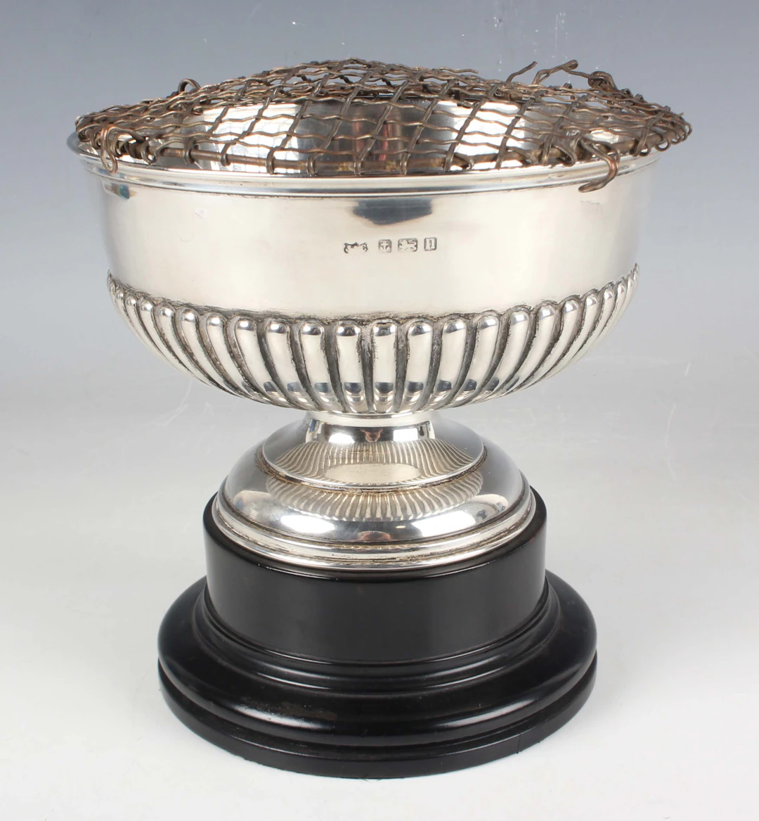 A George V silver circular half-reeded rose bowl on a circular domed
