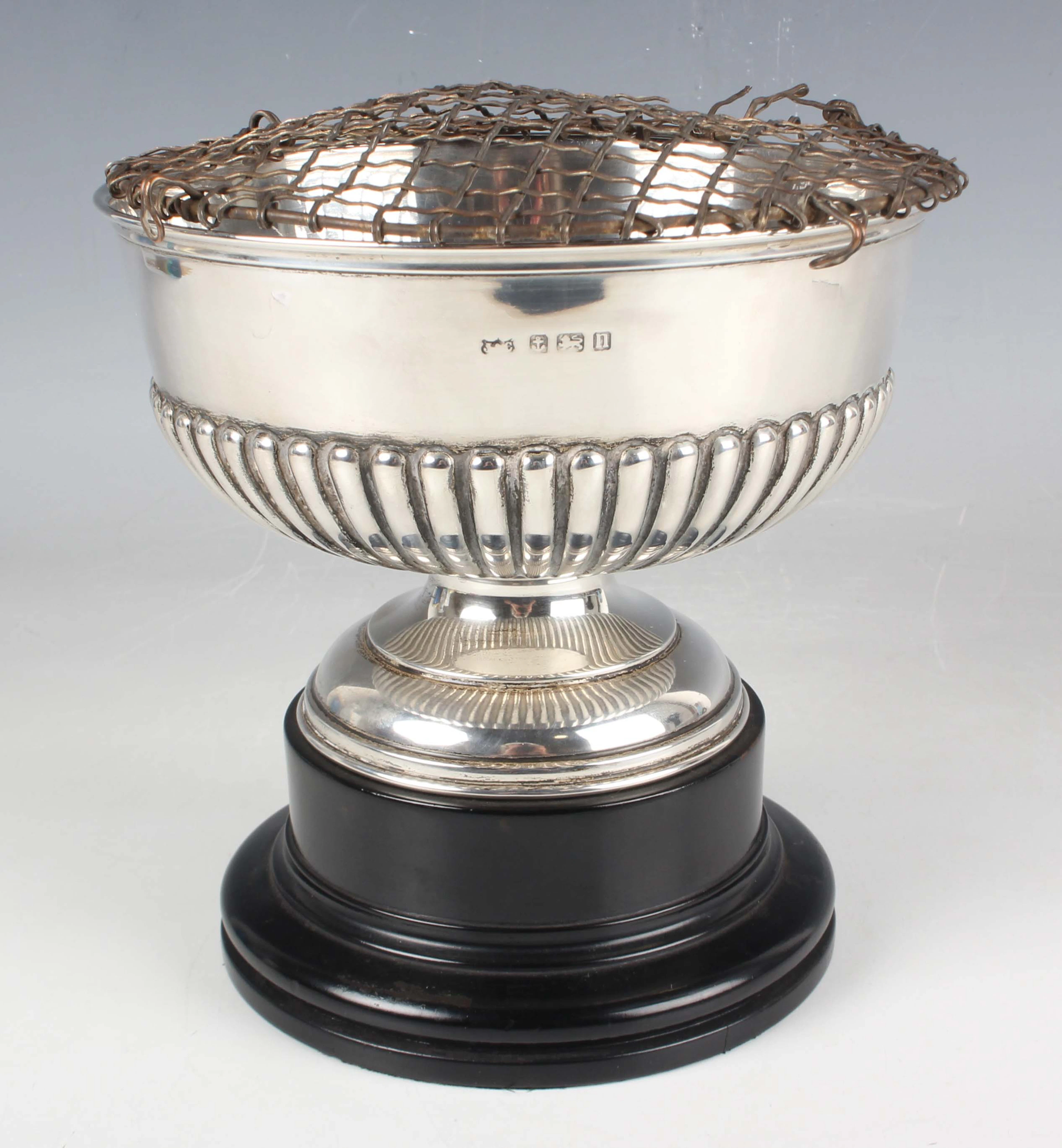 A George V silver circular half-reeded rose bowl on a circular domed