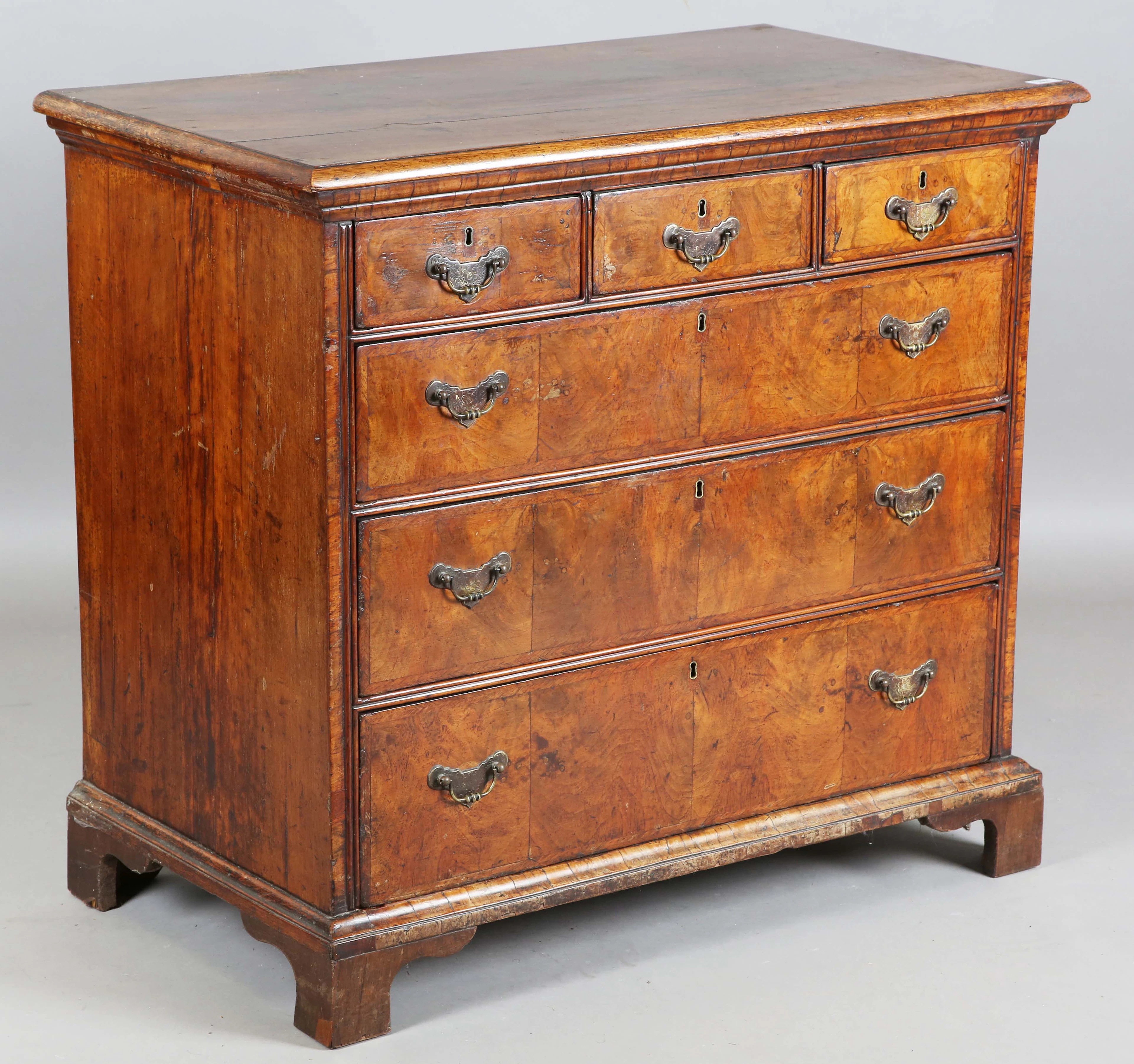 An early 18th century walnut chest of oak-lined drawers, height 91cm