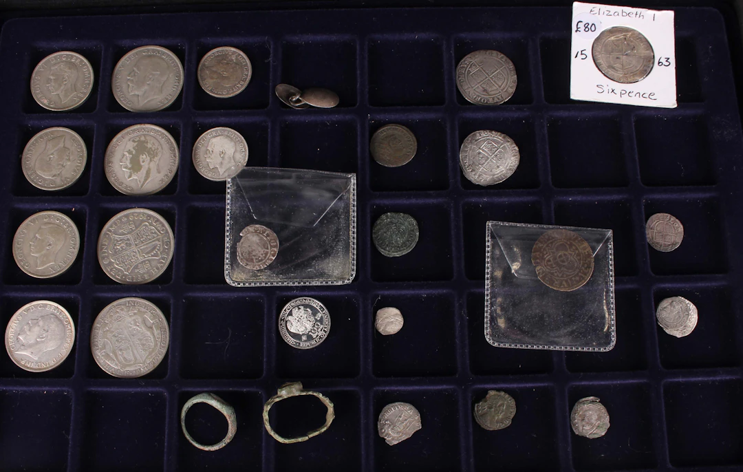 A collection of ancient and later mixed coins and other items, including