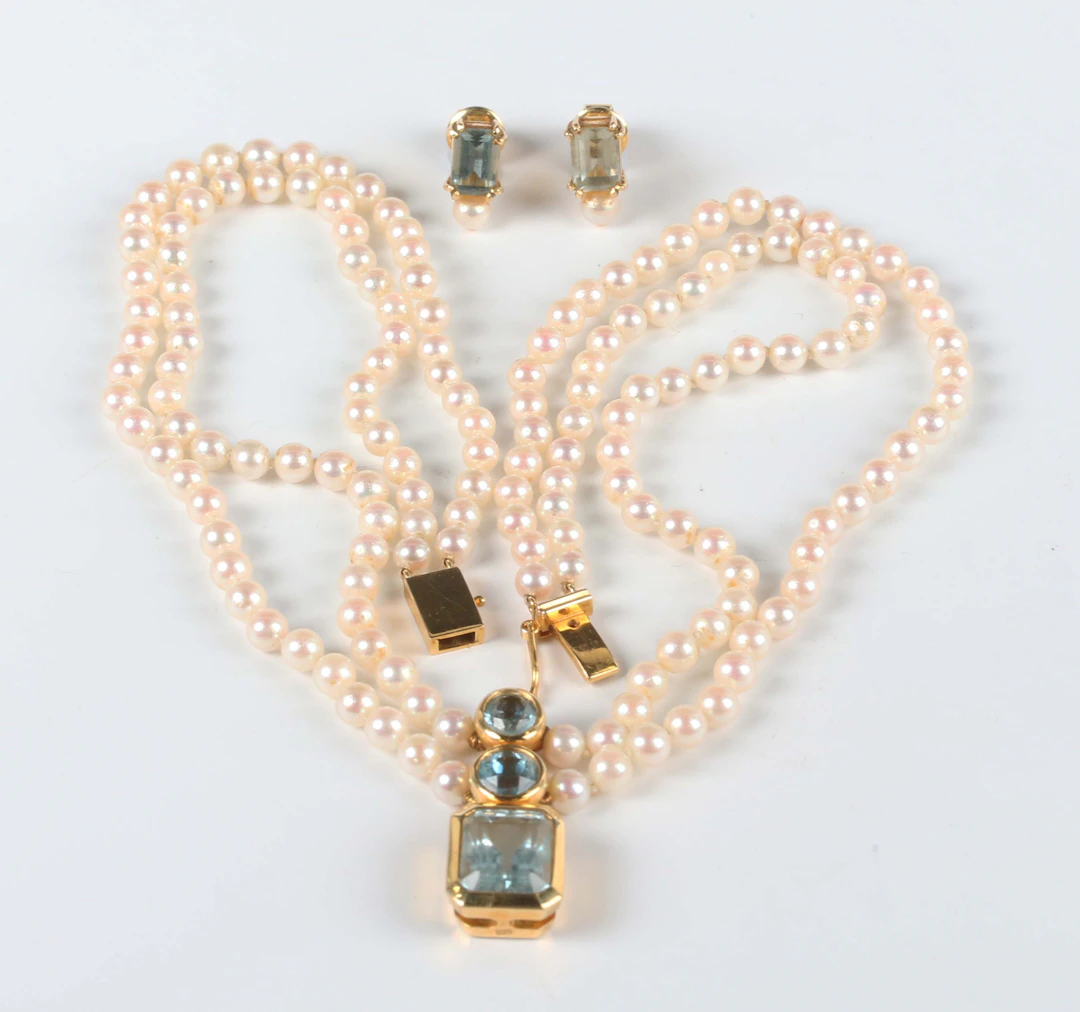 A gold, aquamarine and cultured pearl two row collar necklace, the