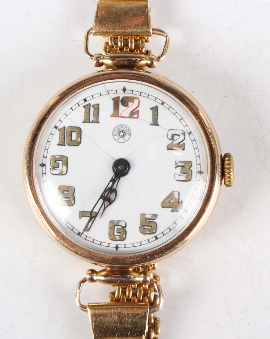 A Roskopf 14K circular cased wristwatch with signed and jewelled movement