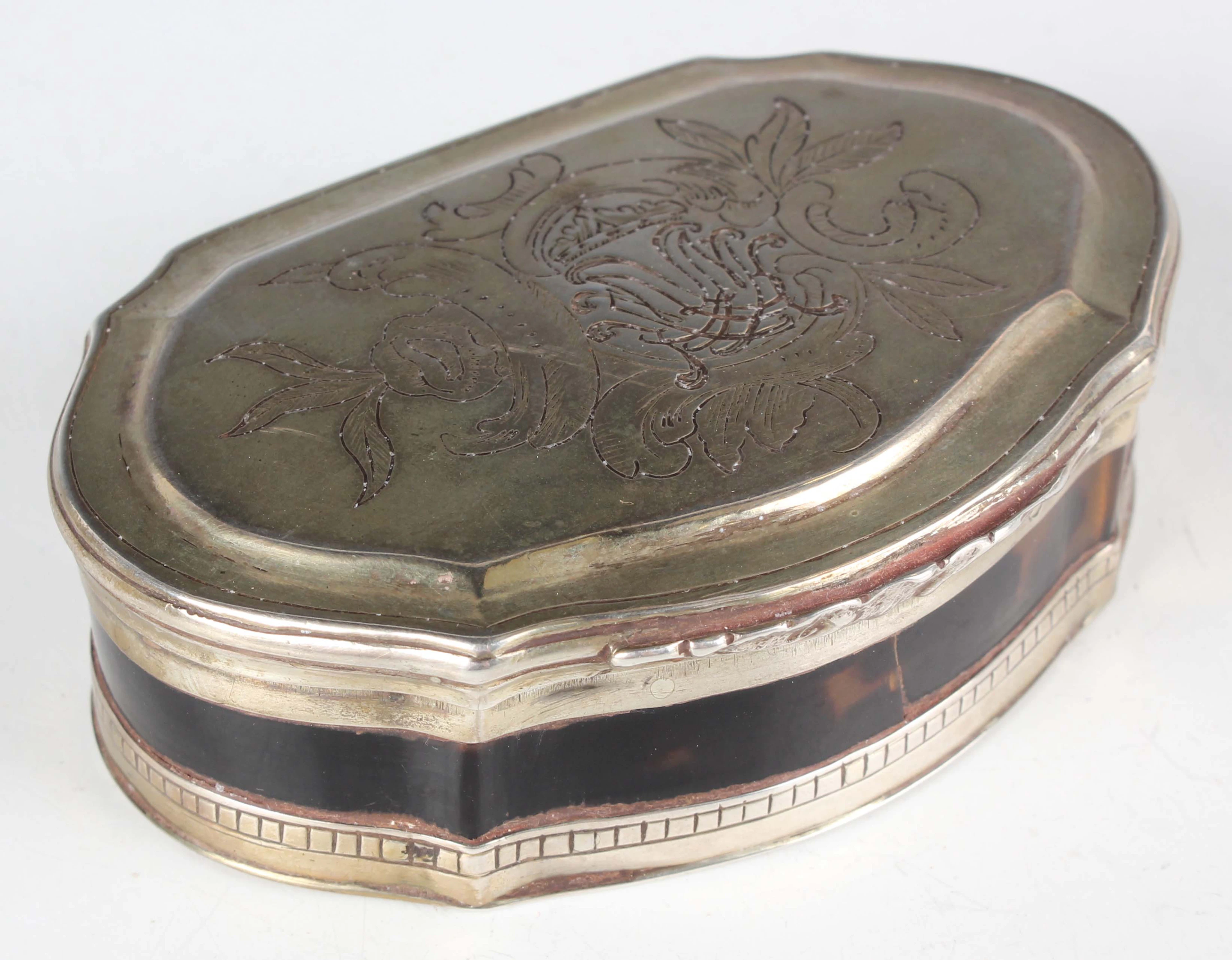 An 18th century Continental silver mounted tortoiseshell serpentine