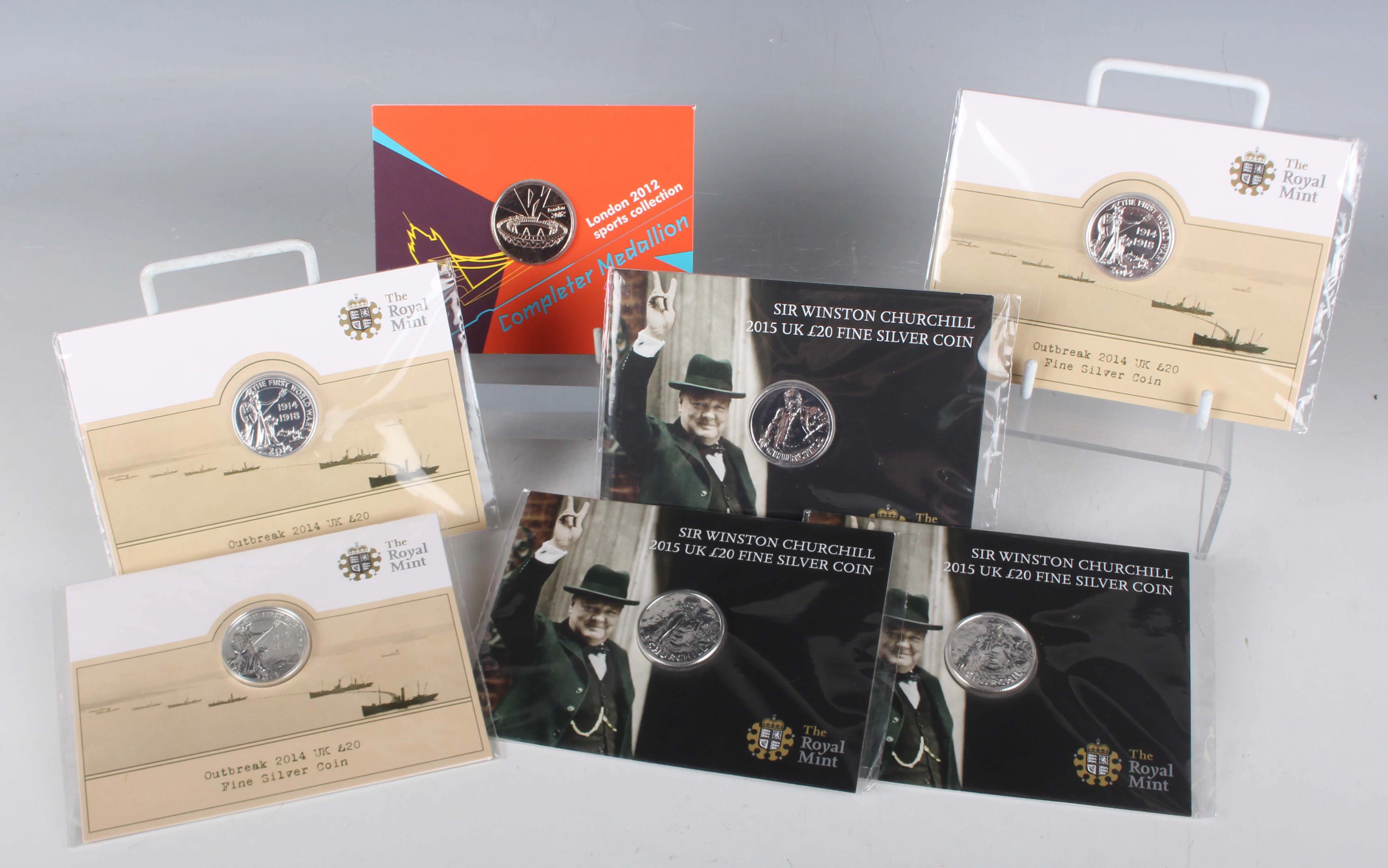 A group of six Elizabeth II Royal Mint fine silver twenty pounds commemorative
