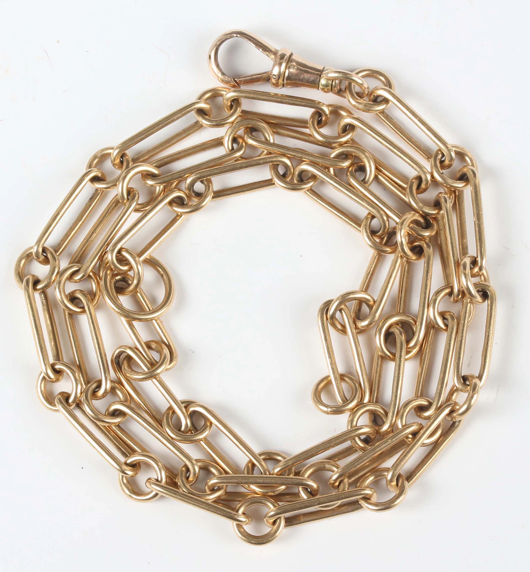 A gold oval and circular link Albert watch chain, unmarked, fitted