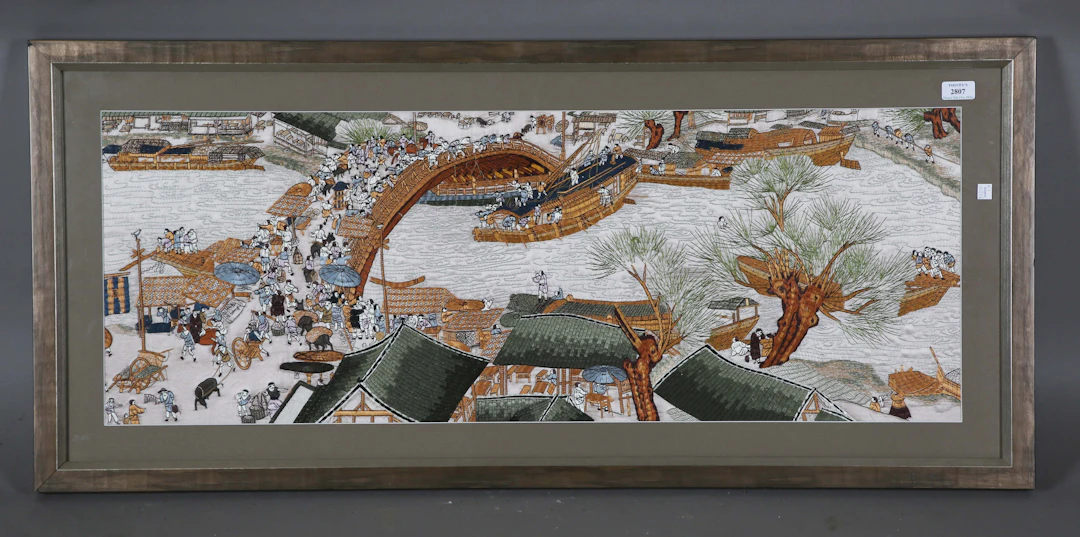 A late 20th century Chinese silkwork rectangular panel, worked with