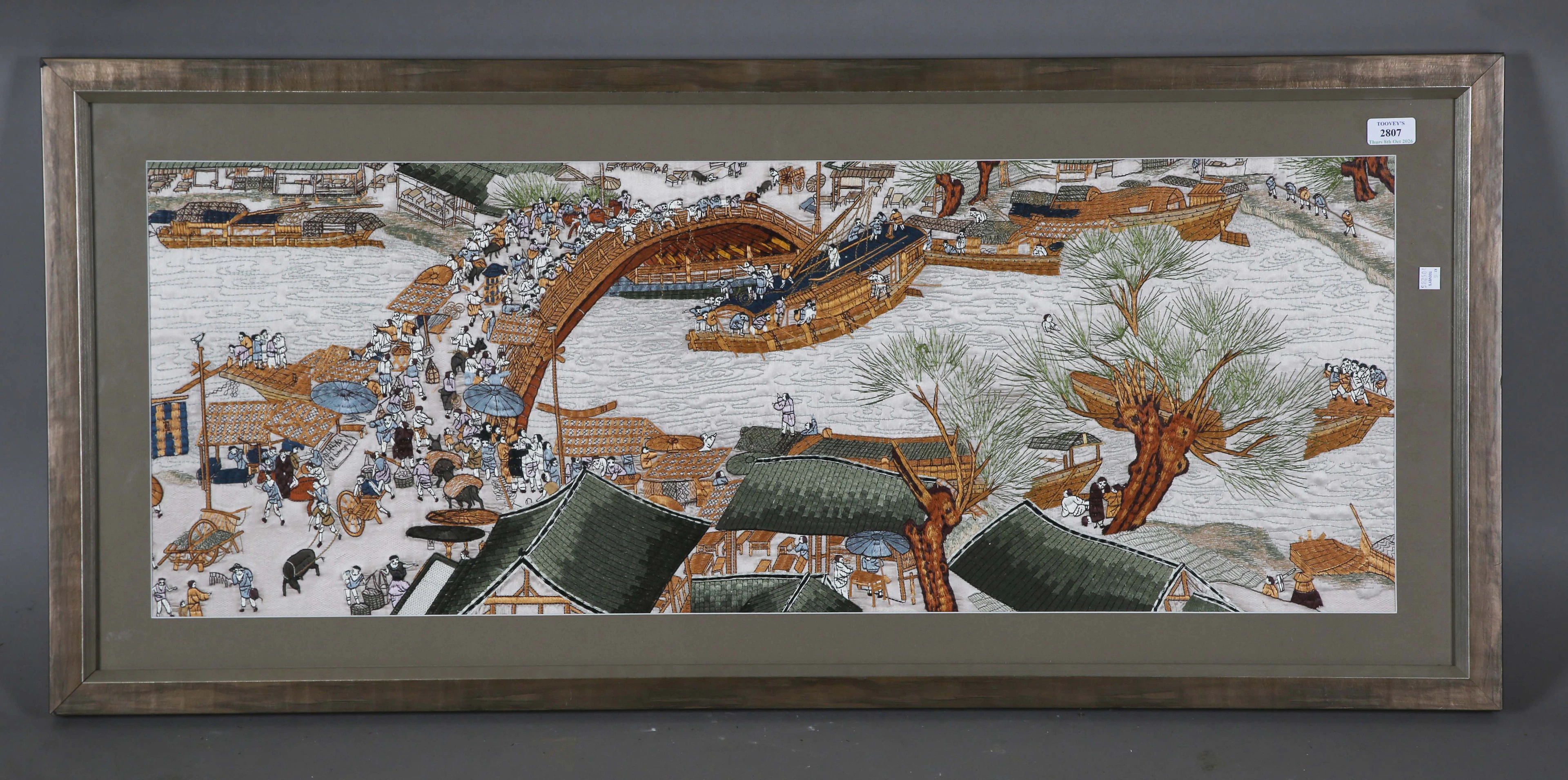 A late 20th century Chinese silkwork rectangular panel, worked with