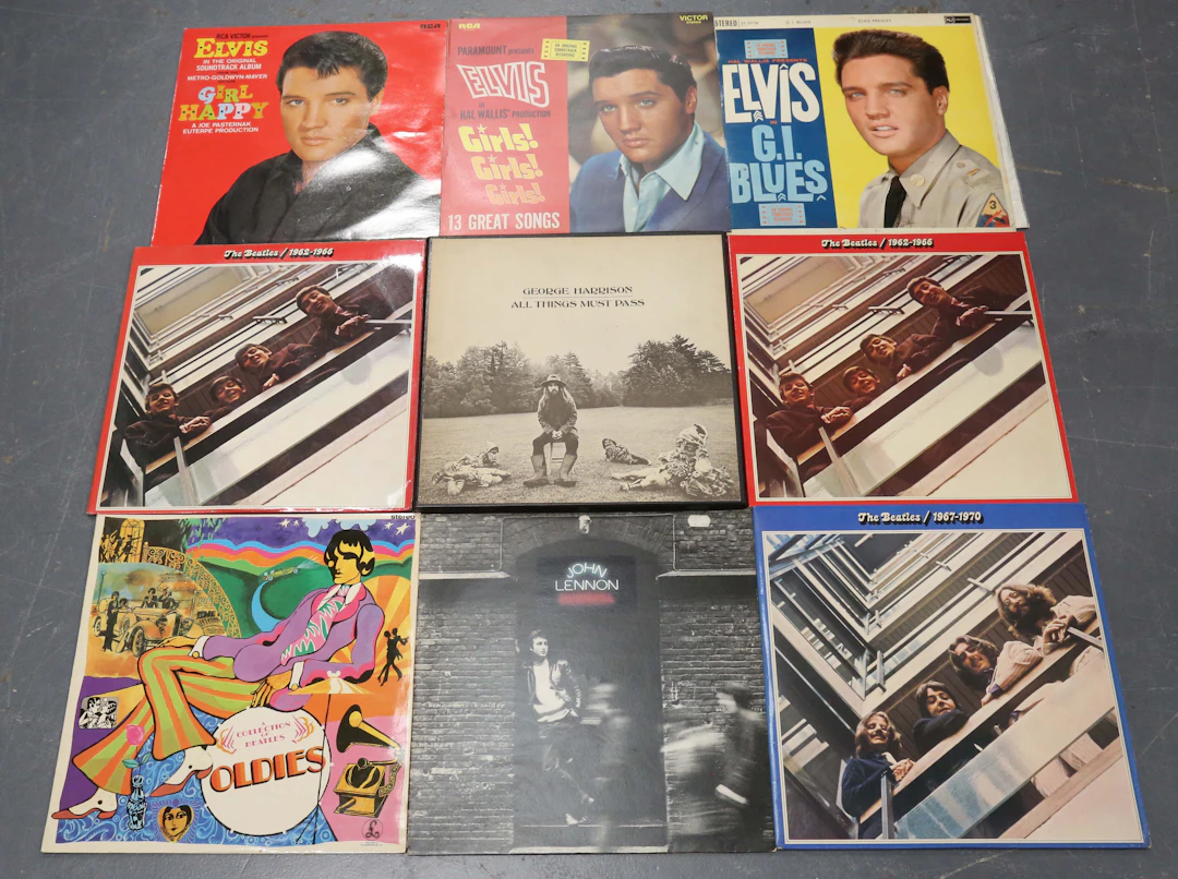 A collection of approximately thirty LP records, including 'All Things