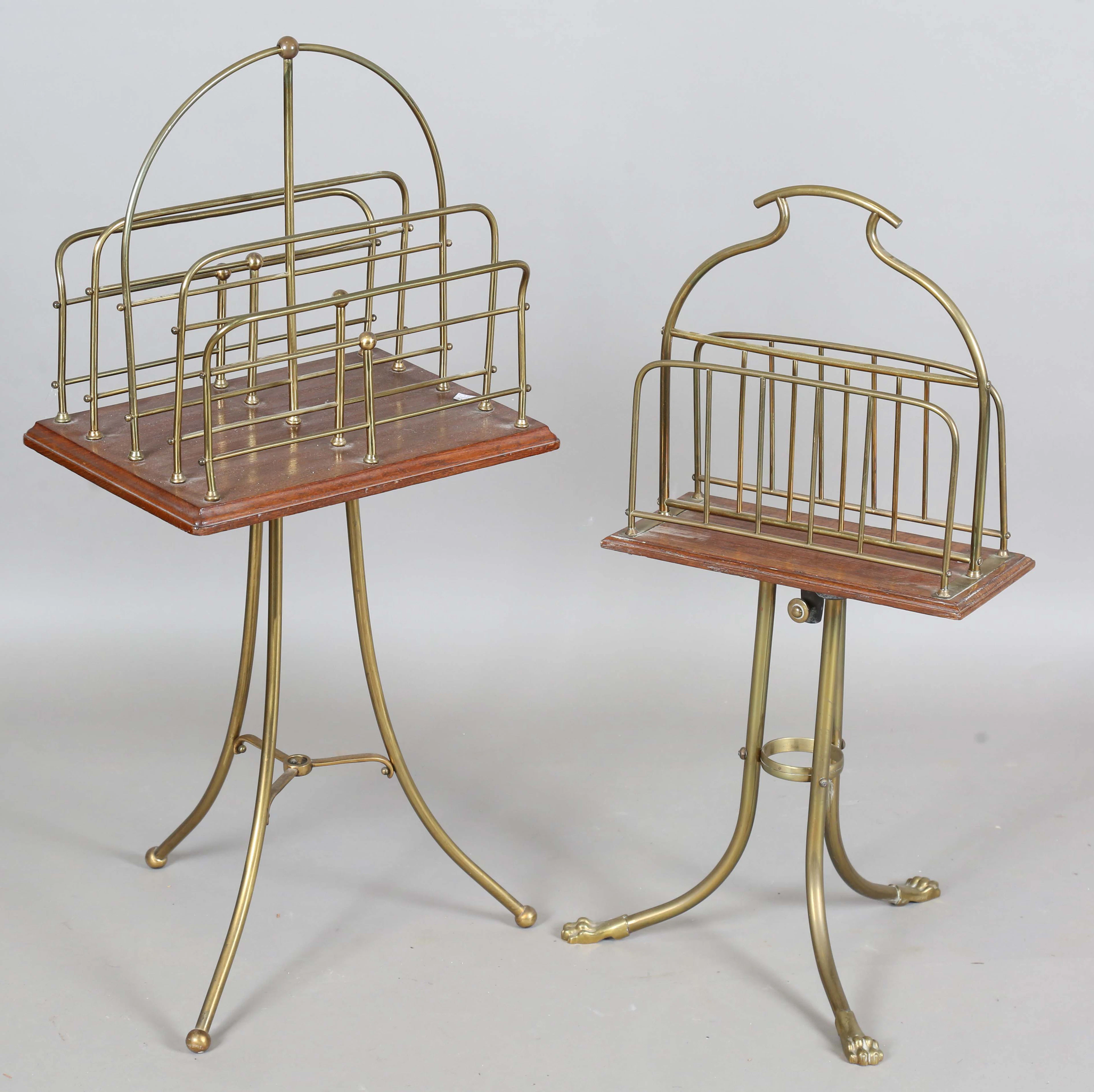 An Edwardian brass and oak revolving magazine/music rack, height 88cm