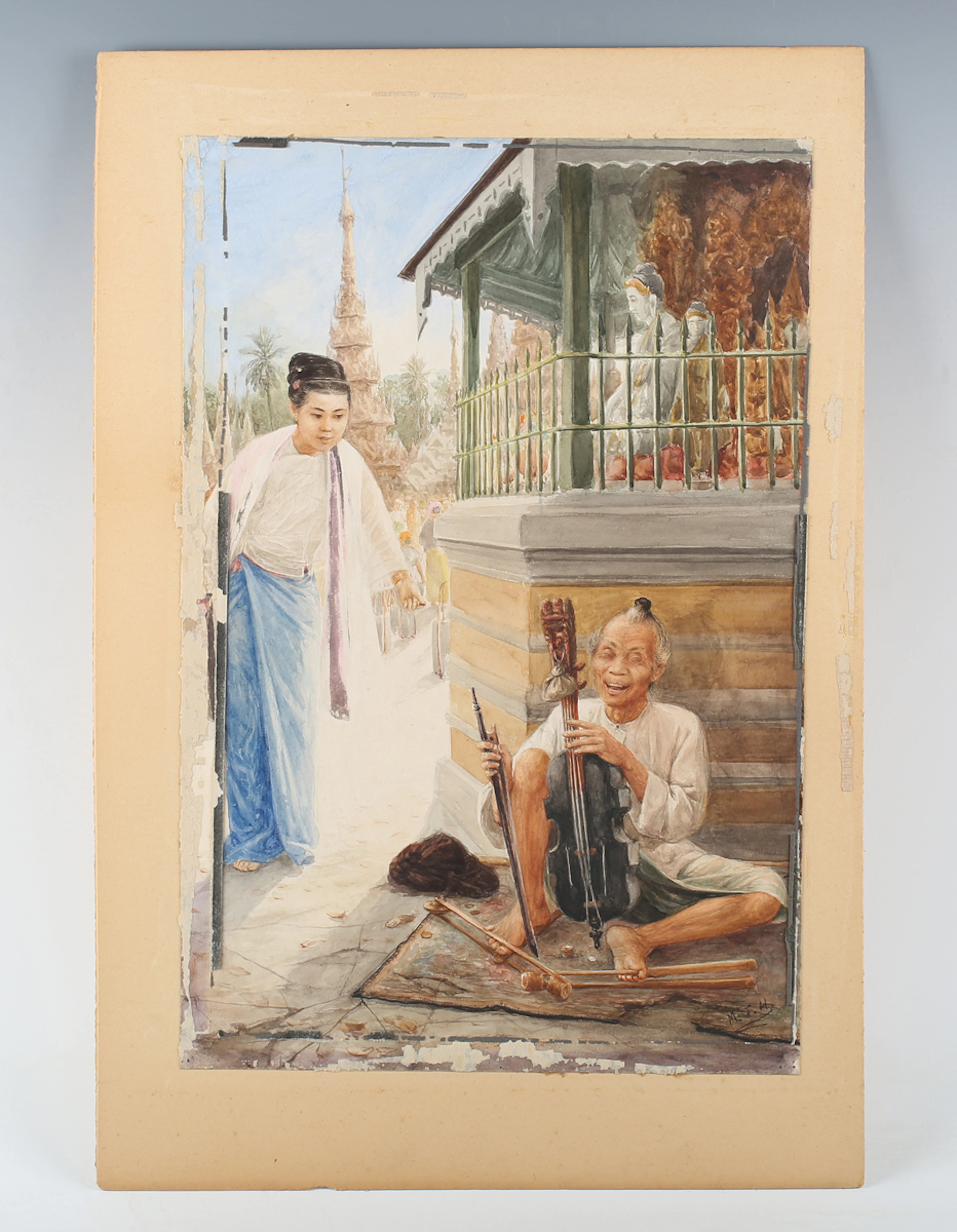 Mg Tun Hla (Burmese 1874-1946) - South-east Asian scene with a young