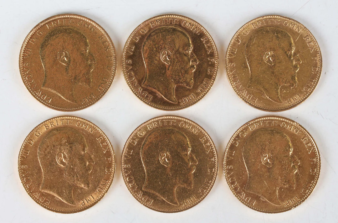 A group of six Edward VII sovereigns, comprising 1902, 1903 Perth