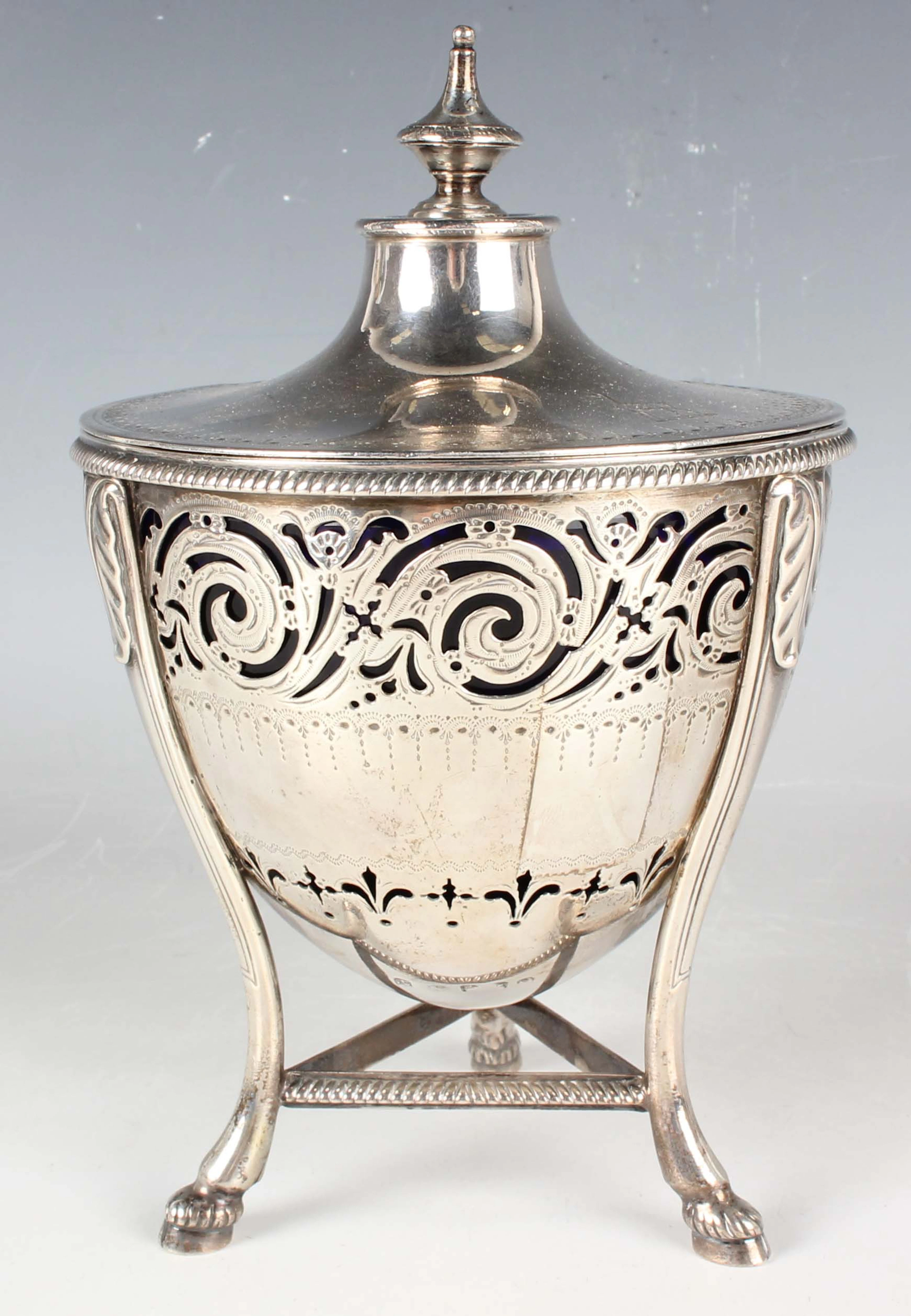 A George III silver sugar bowl and cover of tapered circular form