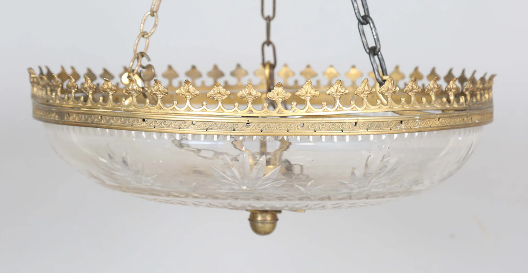 An Edwardian gilt brass and cut glass circular plaffonier ceiling