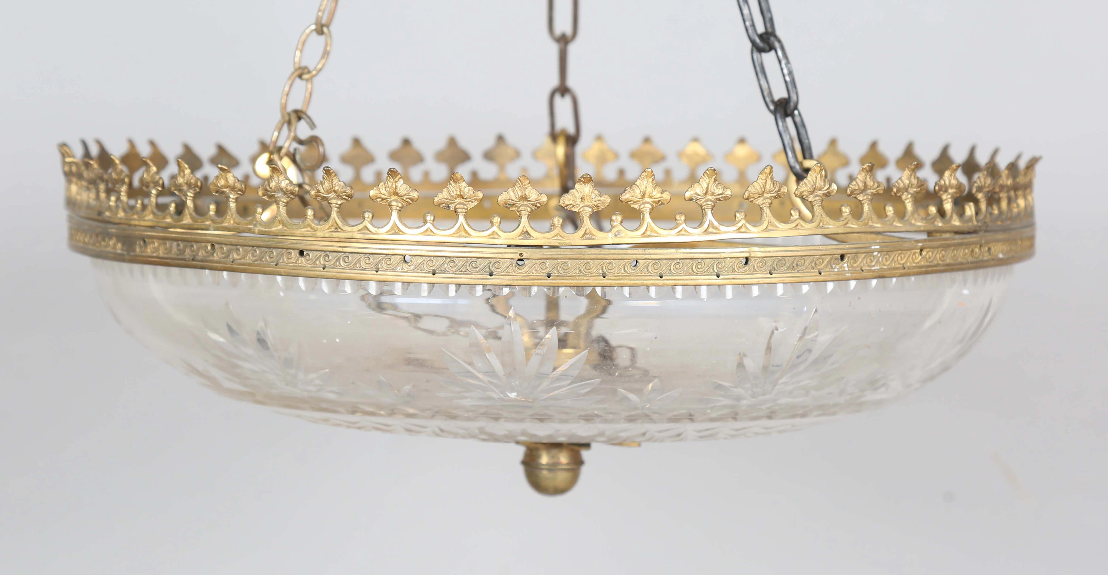An Edwardian gilt brass and cut glass circular plaffonier ceiling