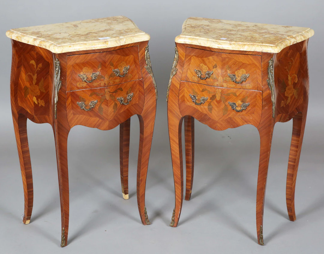 A pair of late 20th century French kingwood and floral marquetry bedside