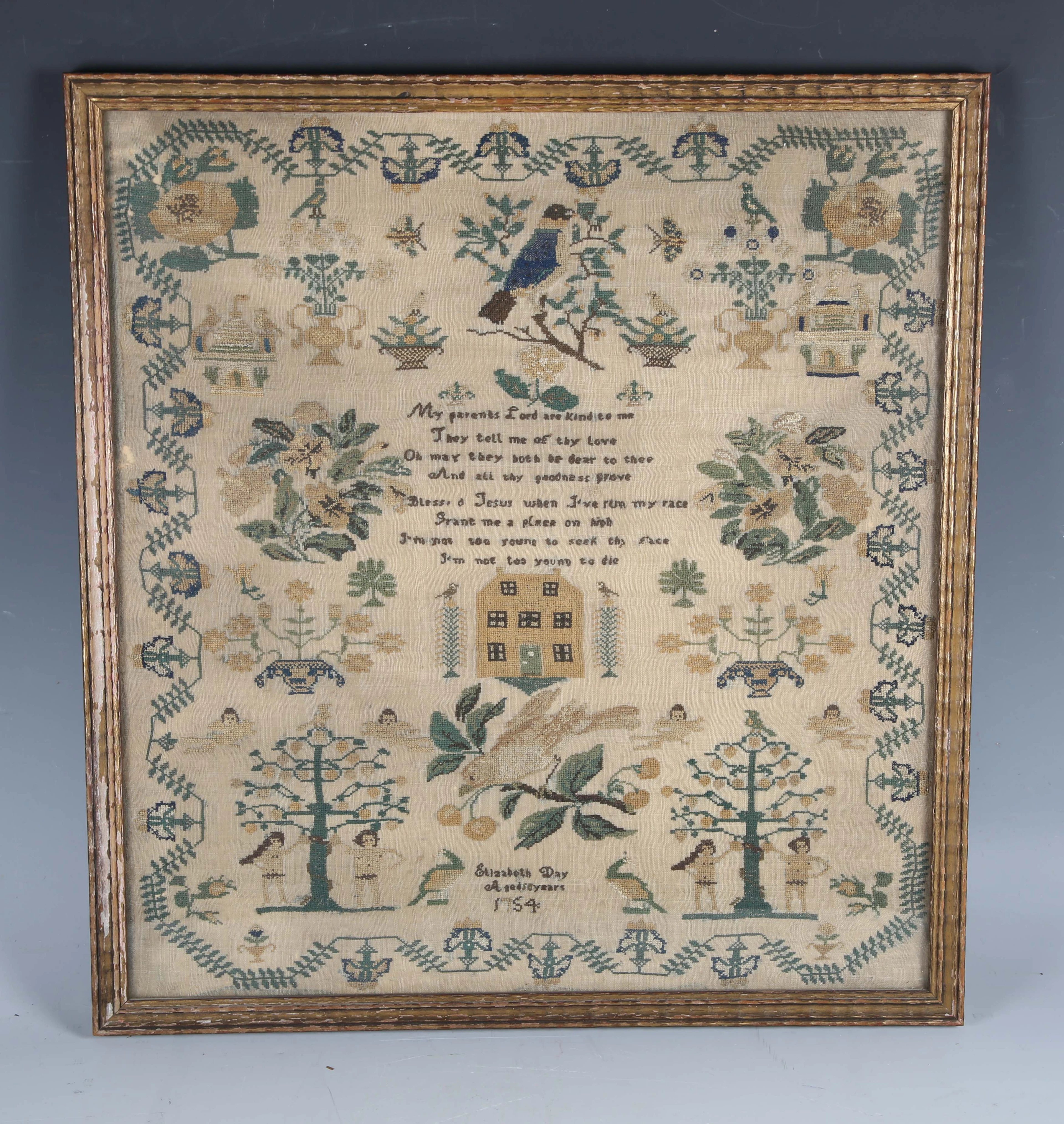 A George II needlework sampler by Elizabeth Day, Aged 10 Years, dated