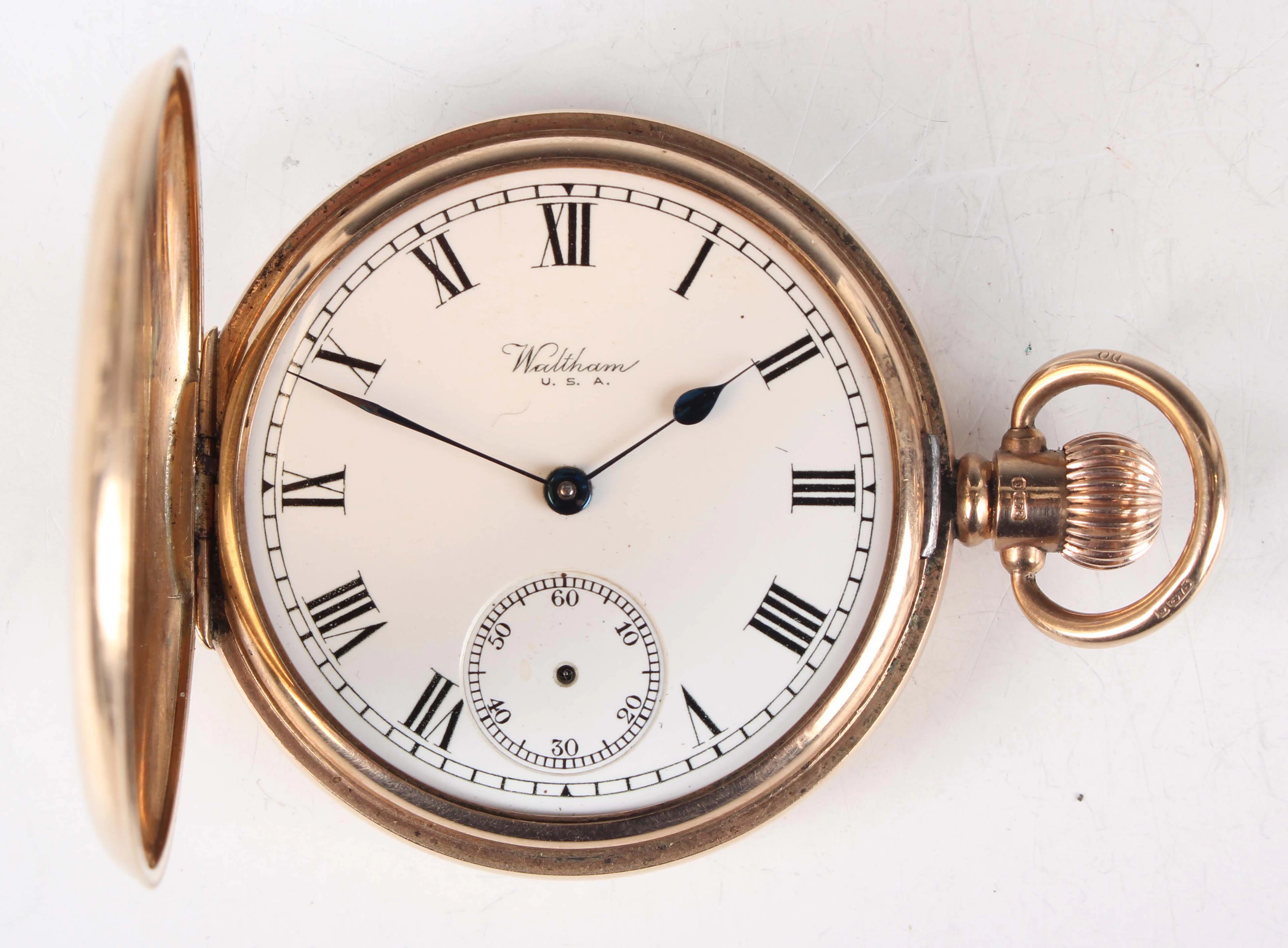A George V Waltham 9ct gold hunting cased keyless wind gentleman's