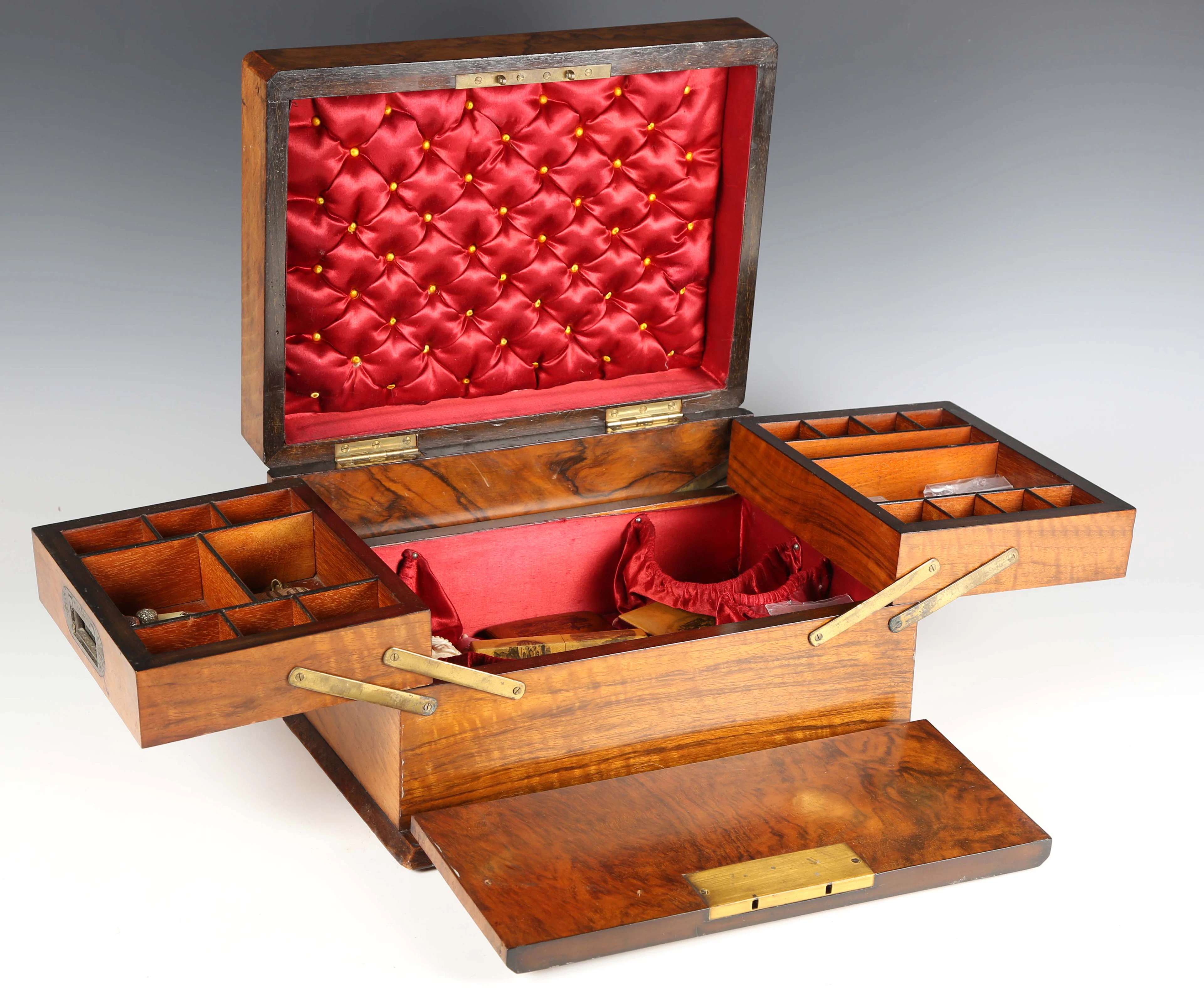 A late Victorian burr walnut needlework box, width 33cm, containing