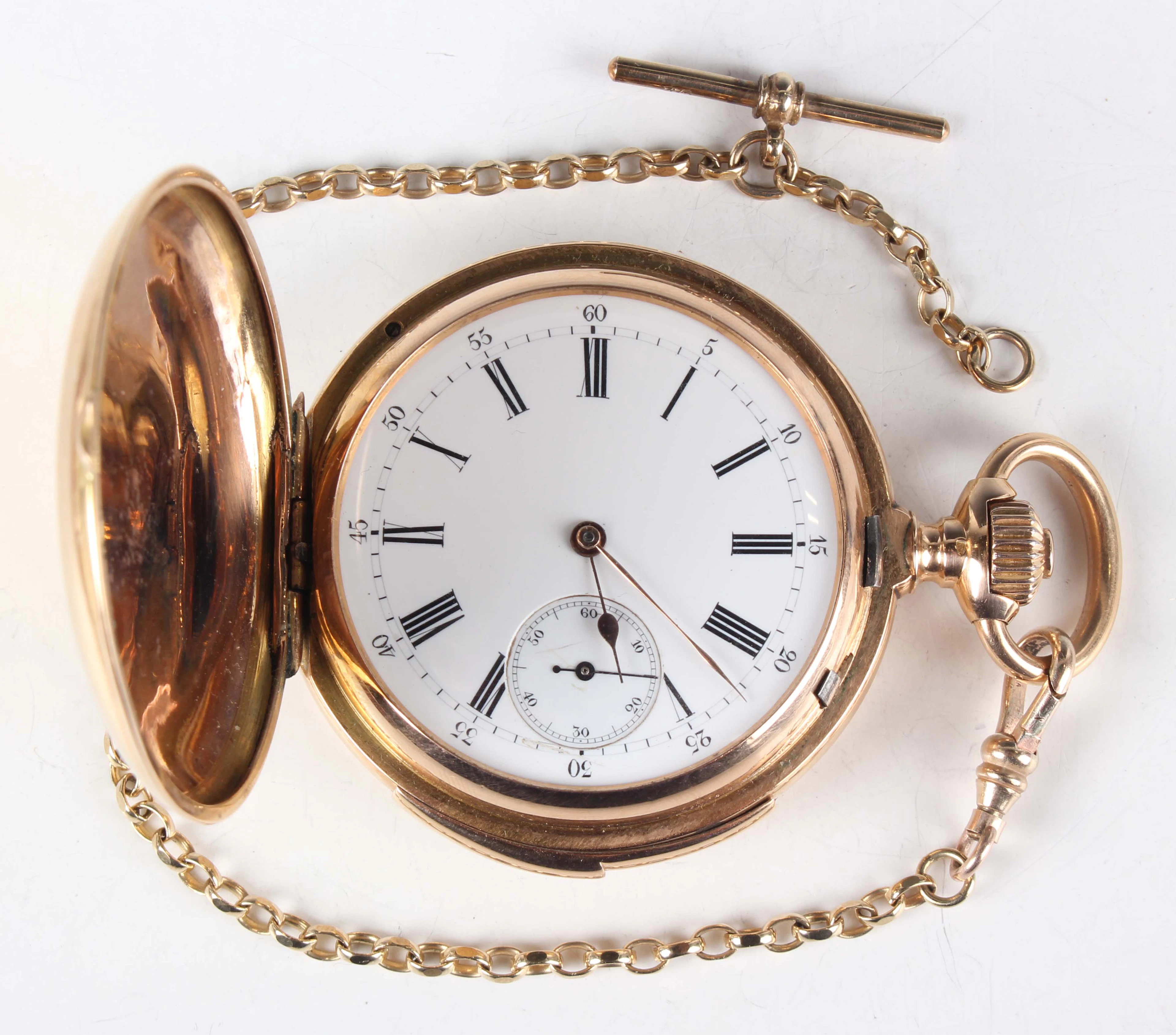 An 18K gold hunting cased keyless wind minute repeating gentleman's