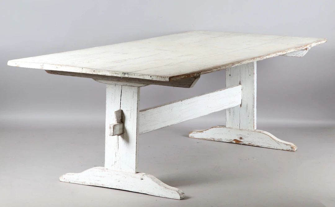 A large 19th century Swedish white dragged pine farmhouse table, the
