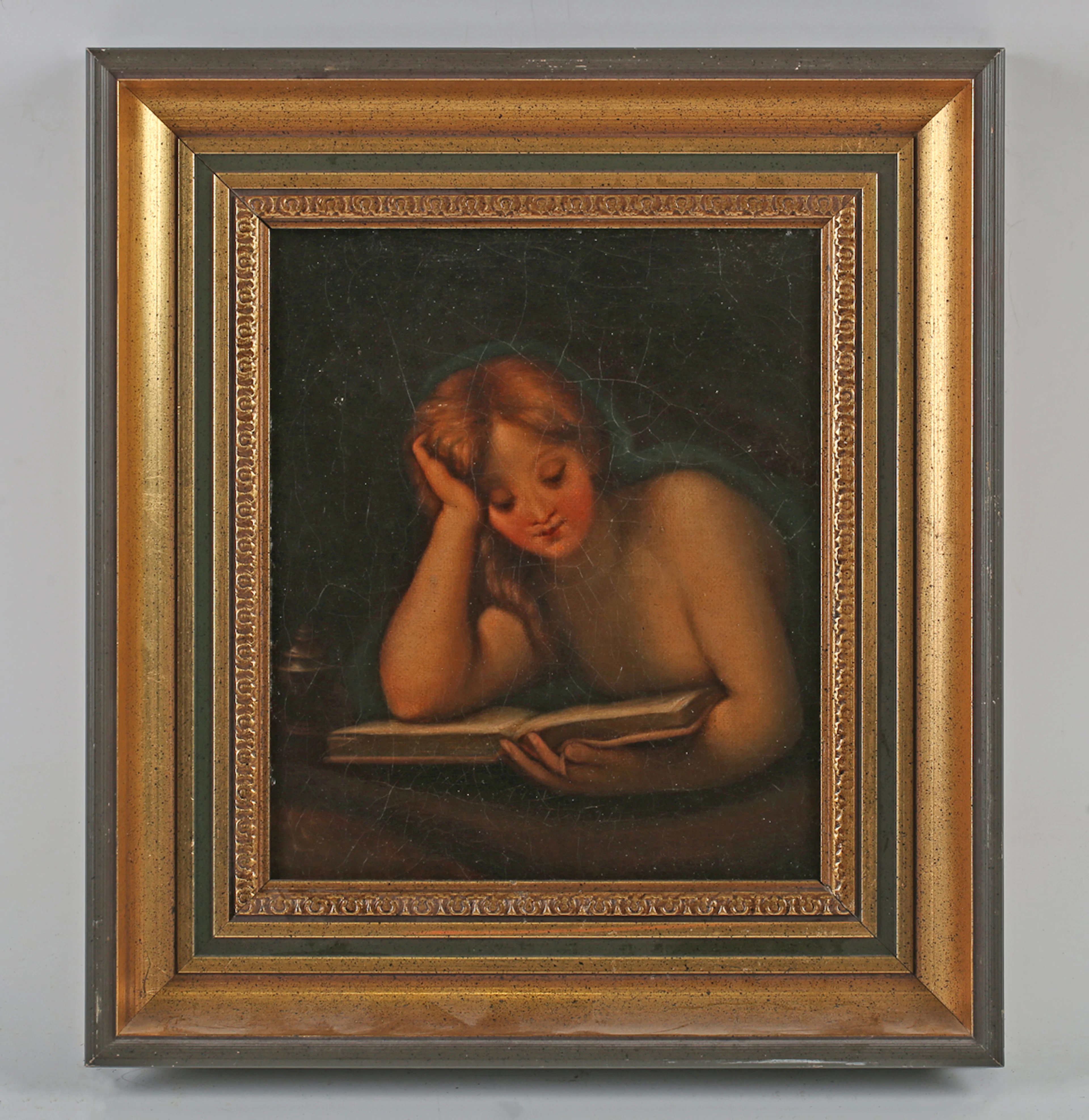 After Antonio Correggio - Mary Magdalene reading, oil on canvas, 22.5cm