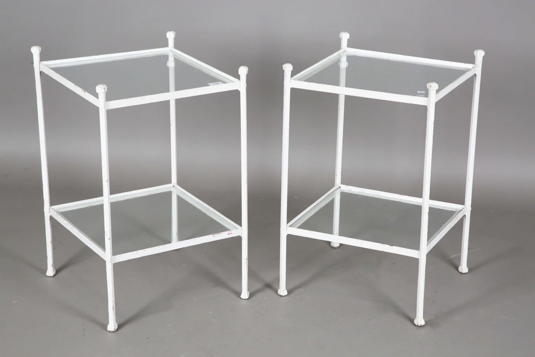 A pair of early 20th century white painted wrought iron two-tier étagères