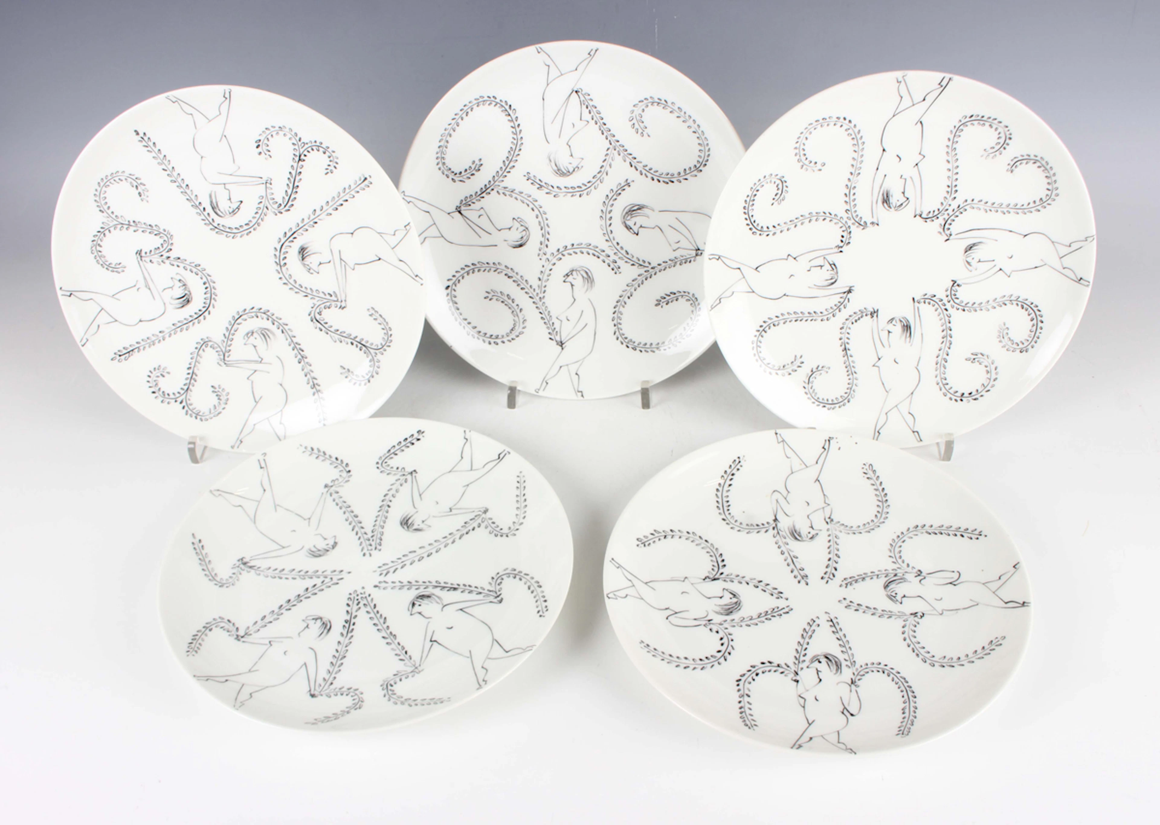 A set of five Limoges porcelain plates, probably Jean Cocteau, dated