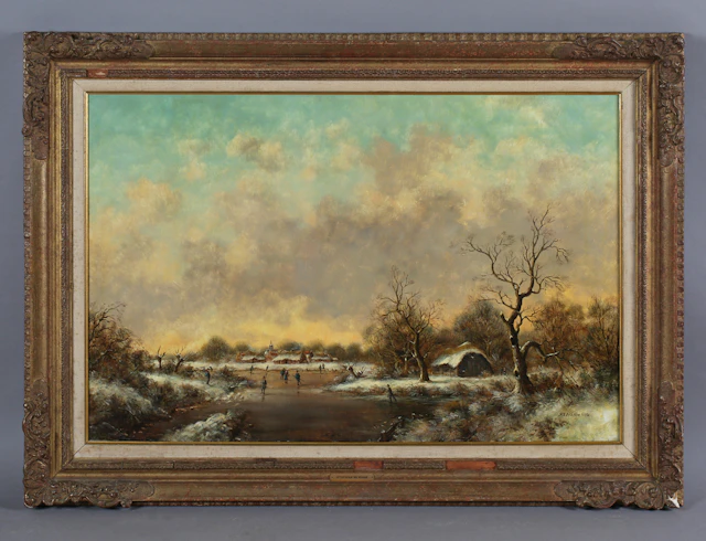 Stephan de Haan (Dutch 1914-?) - Figures skating in a frozen winter