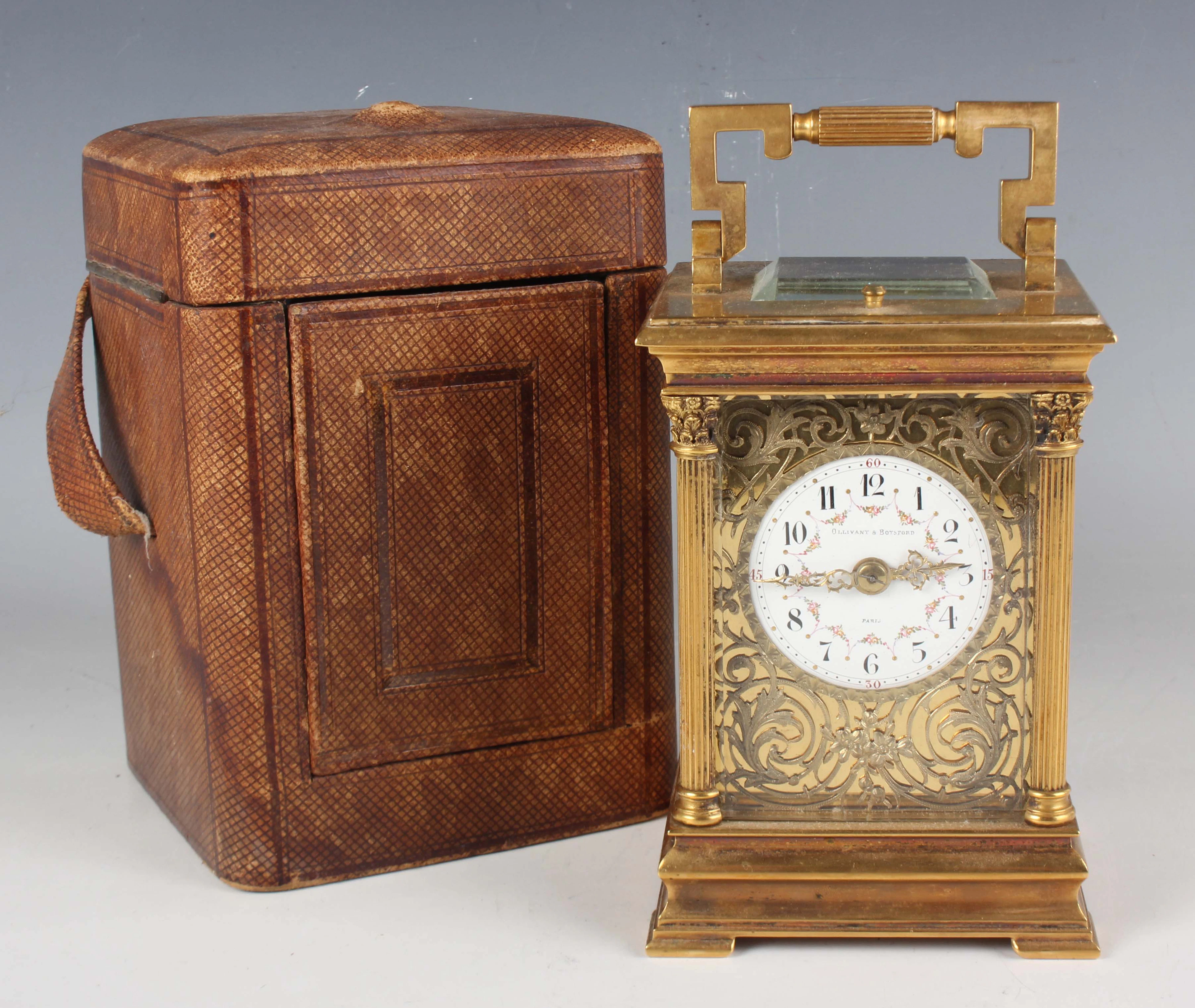 A late 19th century French lacquered brass carriage clock, the eight
