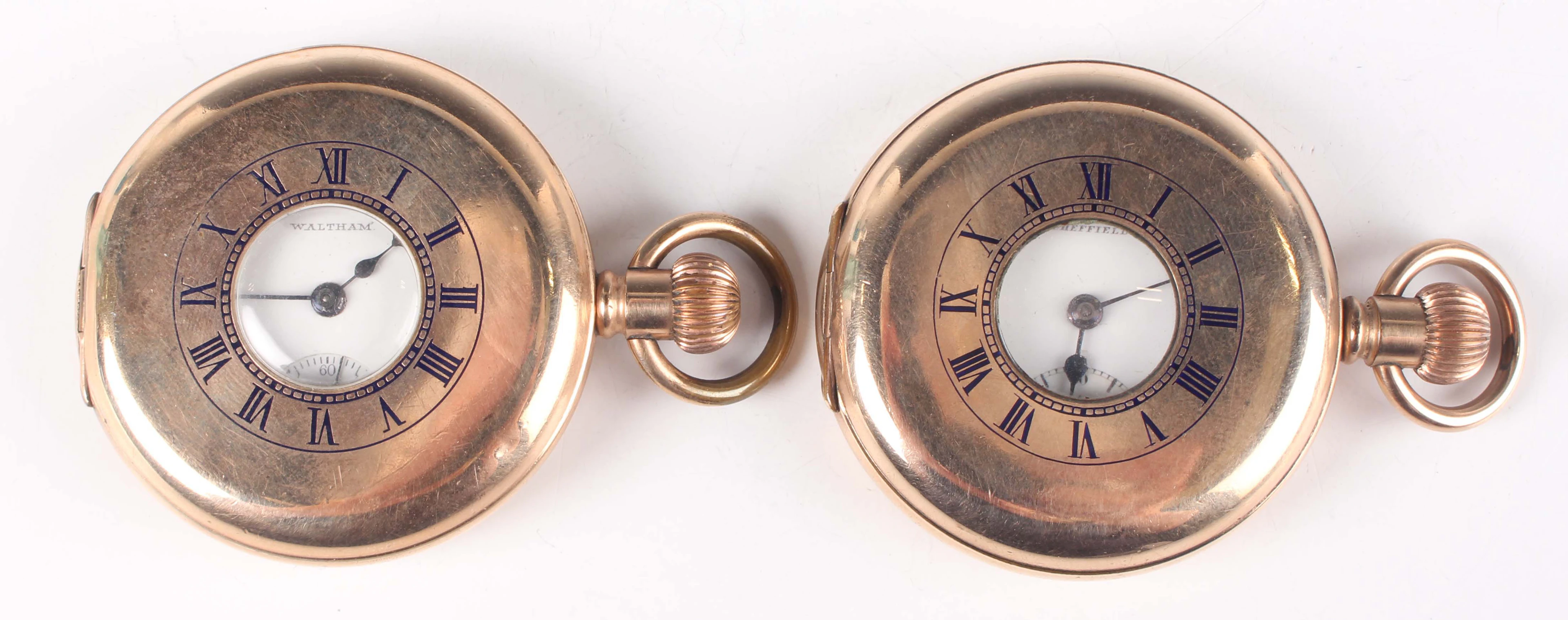 A Waltham gilt metal half hunting cased keyless wind gentleman's pocket