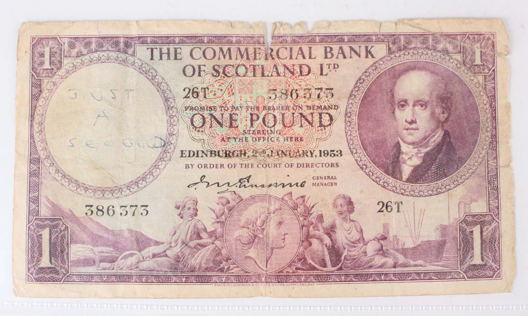 A collection of Scottish banknotes, including a Clydesdale Bank PLC