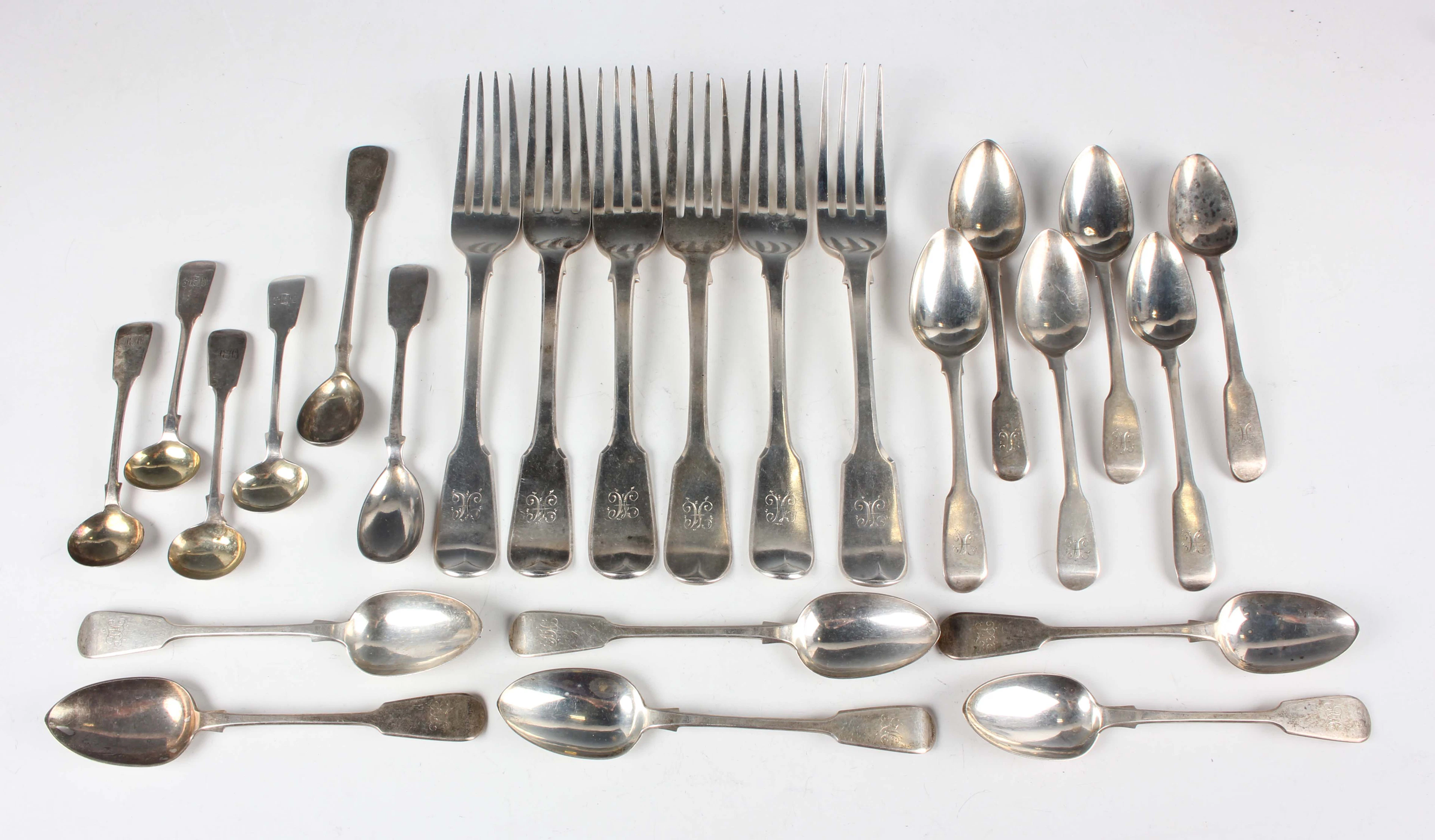 A group of George III and later silver Fiddle pattern cutlery, including