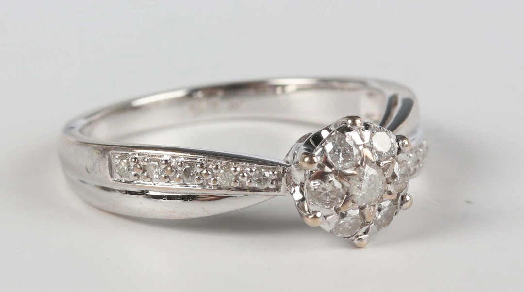 A 9ct white gold and diamond cluster ring, mounted with circular cut