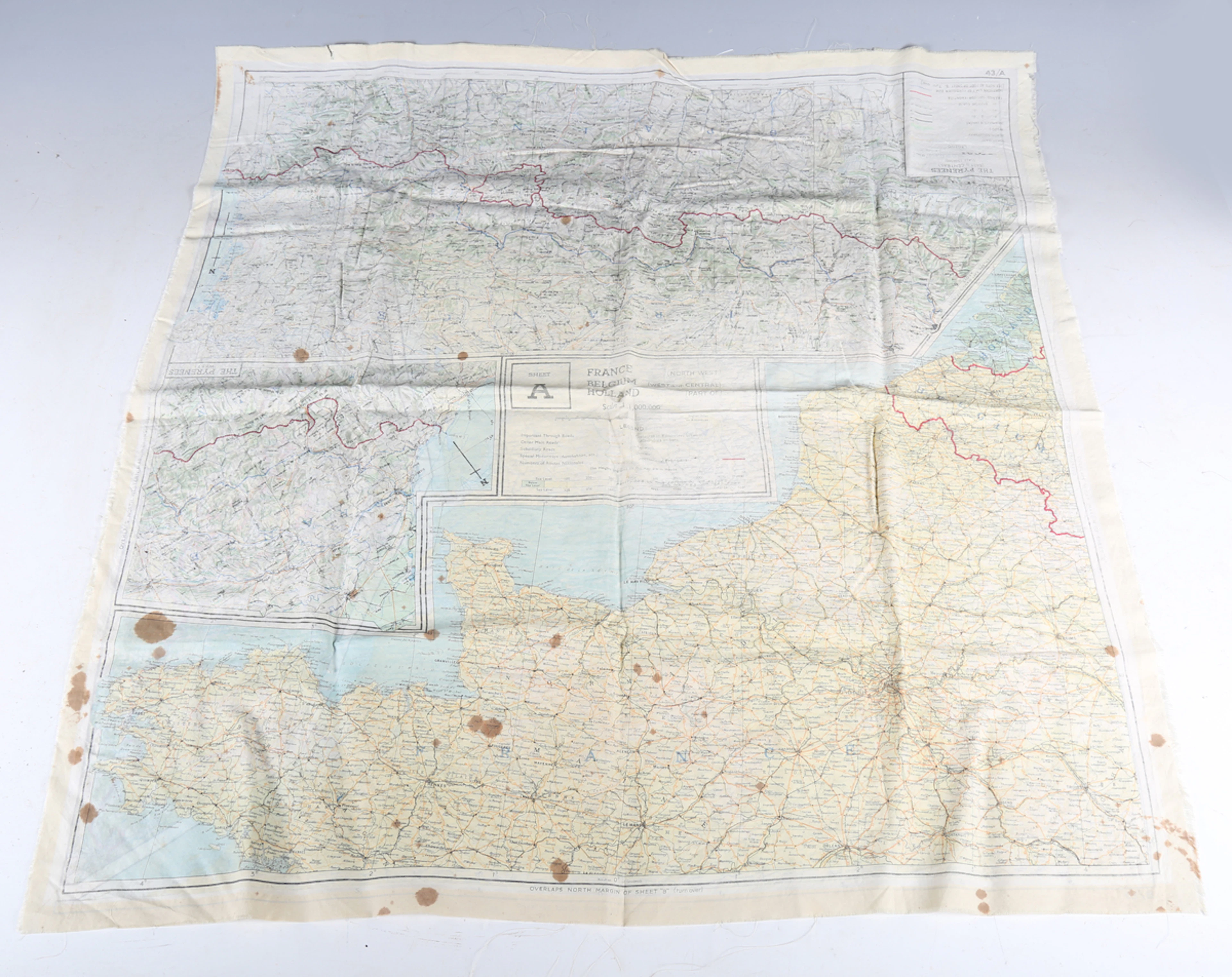 A Second World War period silk escape map, one side printed with 'Sheet