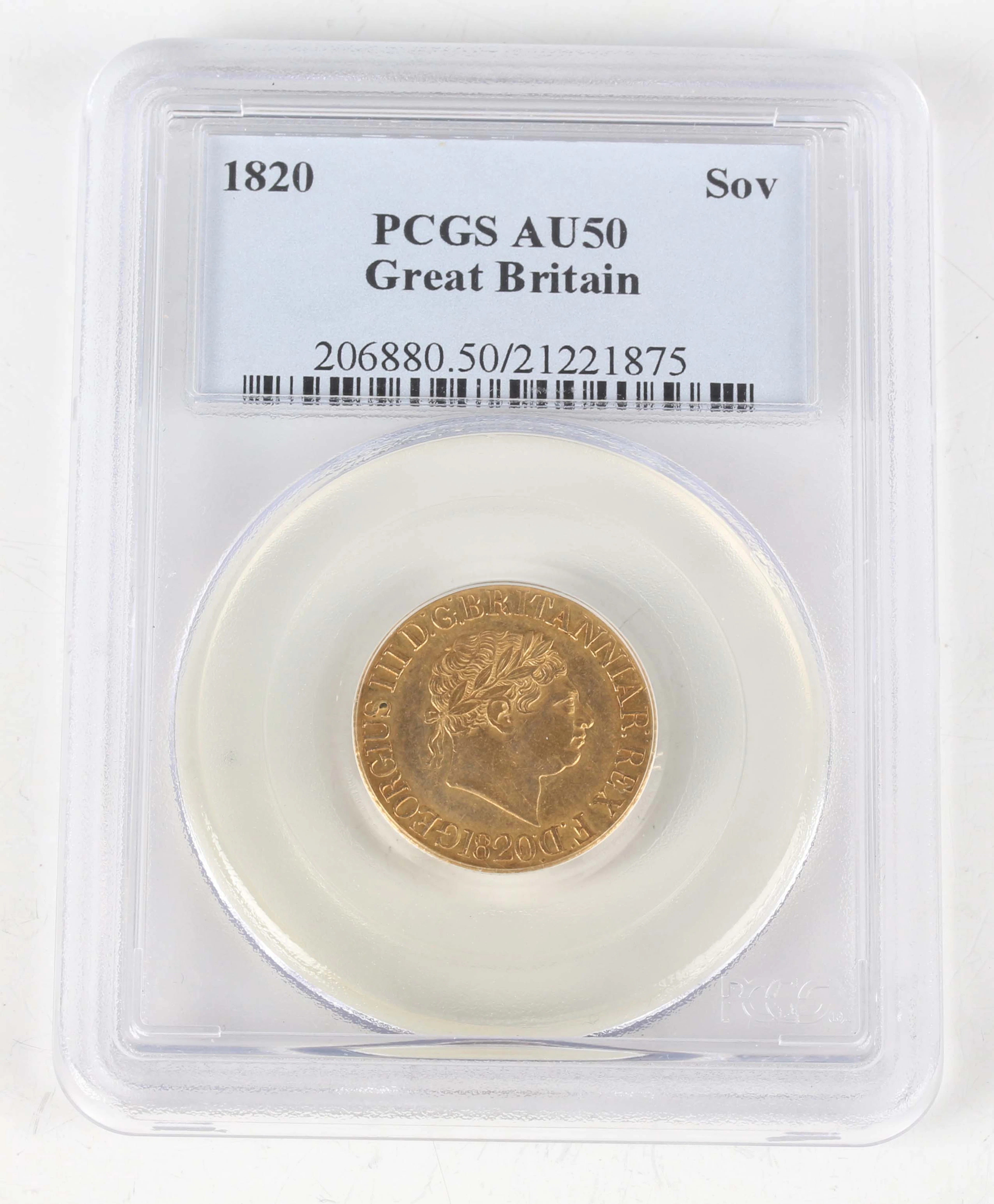 A George III sovereign 1820, open '2' variant, Sp 3785C, slabbed by