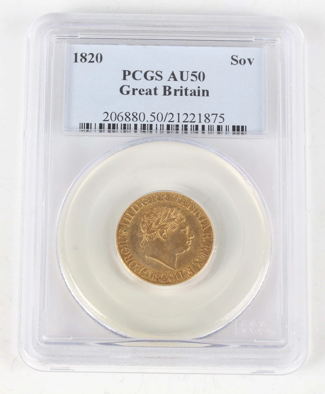 A George III sovereign 1820, open '2' variant, Sp 3785C, slabbed by
