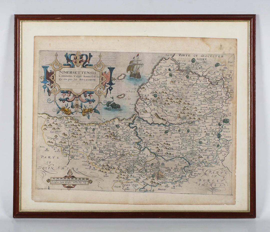 William Kip - 'Somersettensis': map of Somerset, engraving with hand-colouring