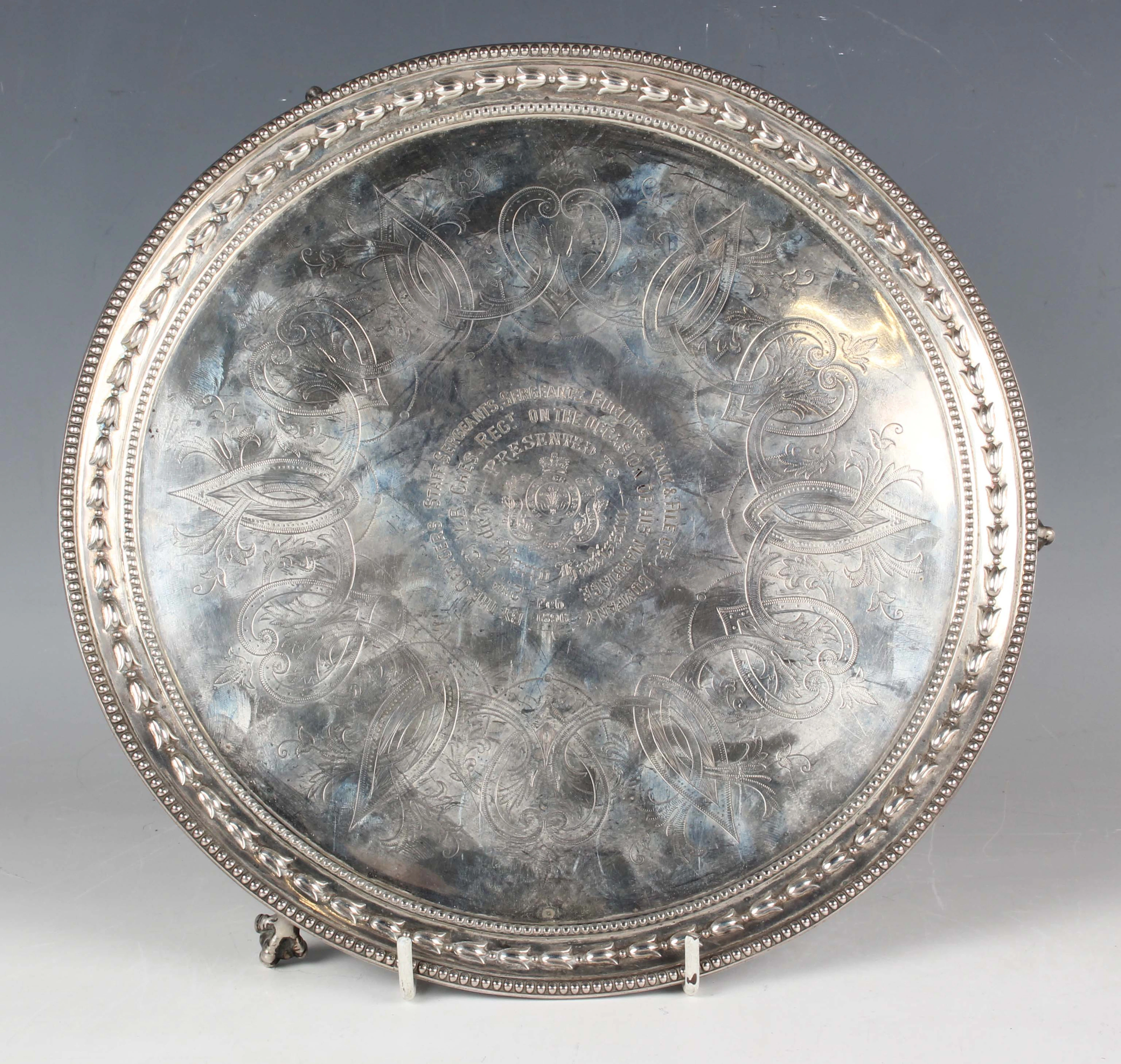 A Victorian silver circular card salver, presentation inscribed with