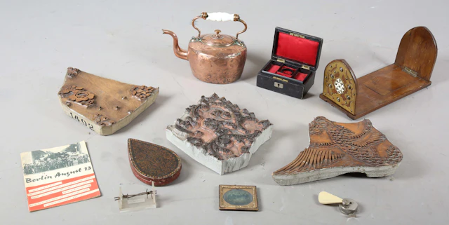 A mixed group of collectors' items, including three wallpaper printing