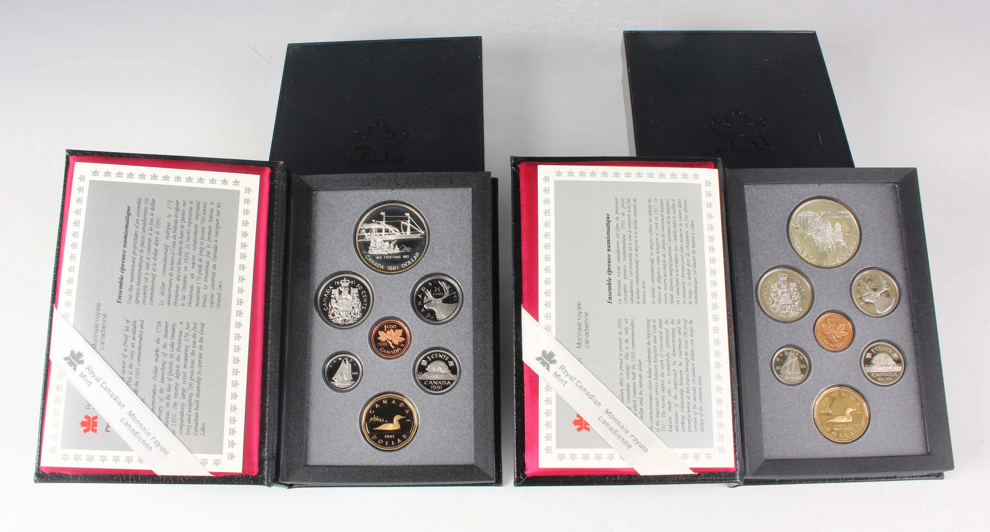 Two Canada Elizabeth II proof seven-coin sets, 1991 and 1992, both