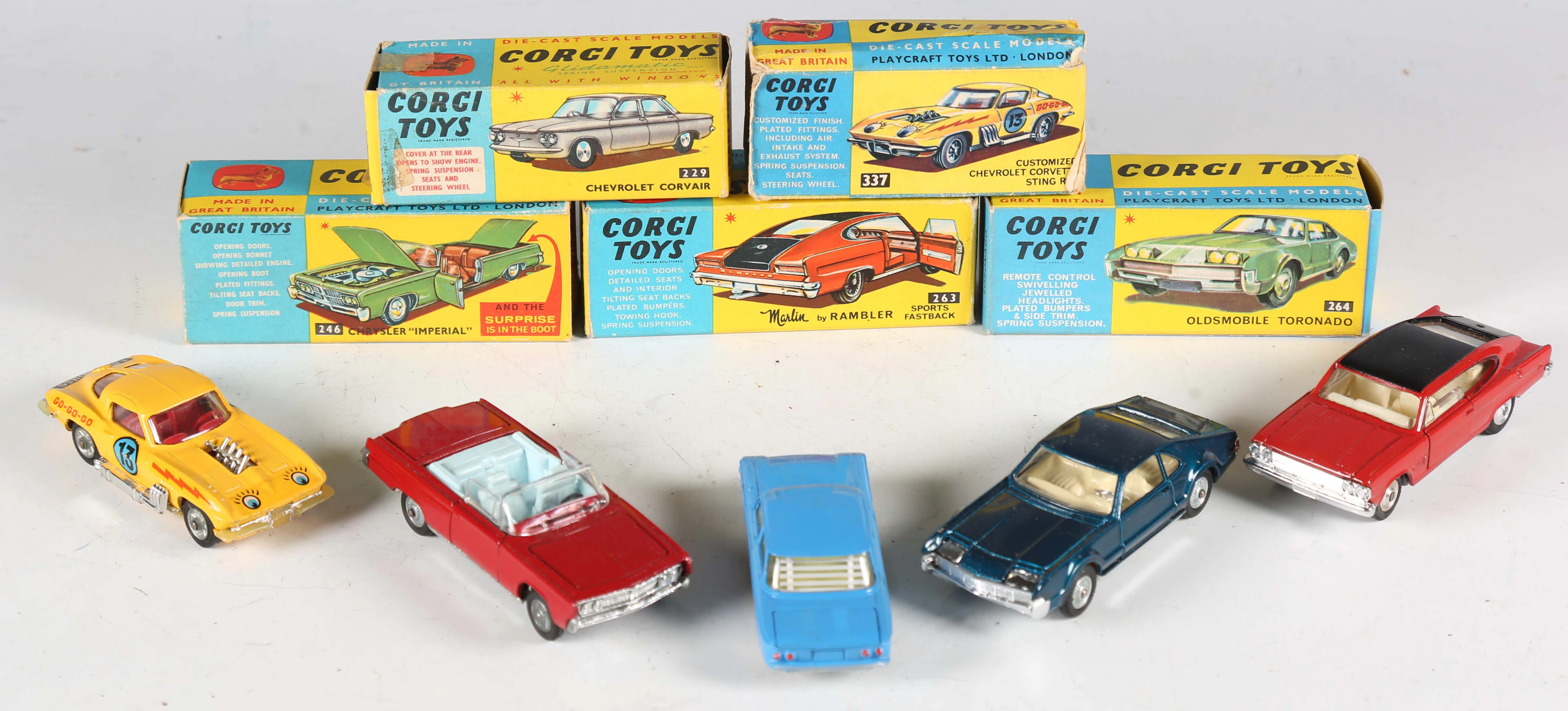 Five Corgi Toys American cars, comprising No. 229 Chevrolet Corvair