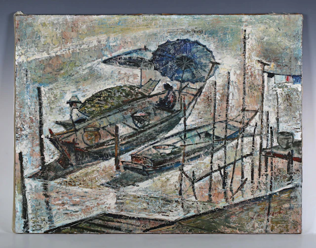 South-East Asian School (20th century) - Boats by a jetty, oil on