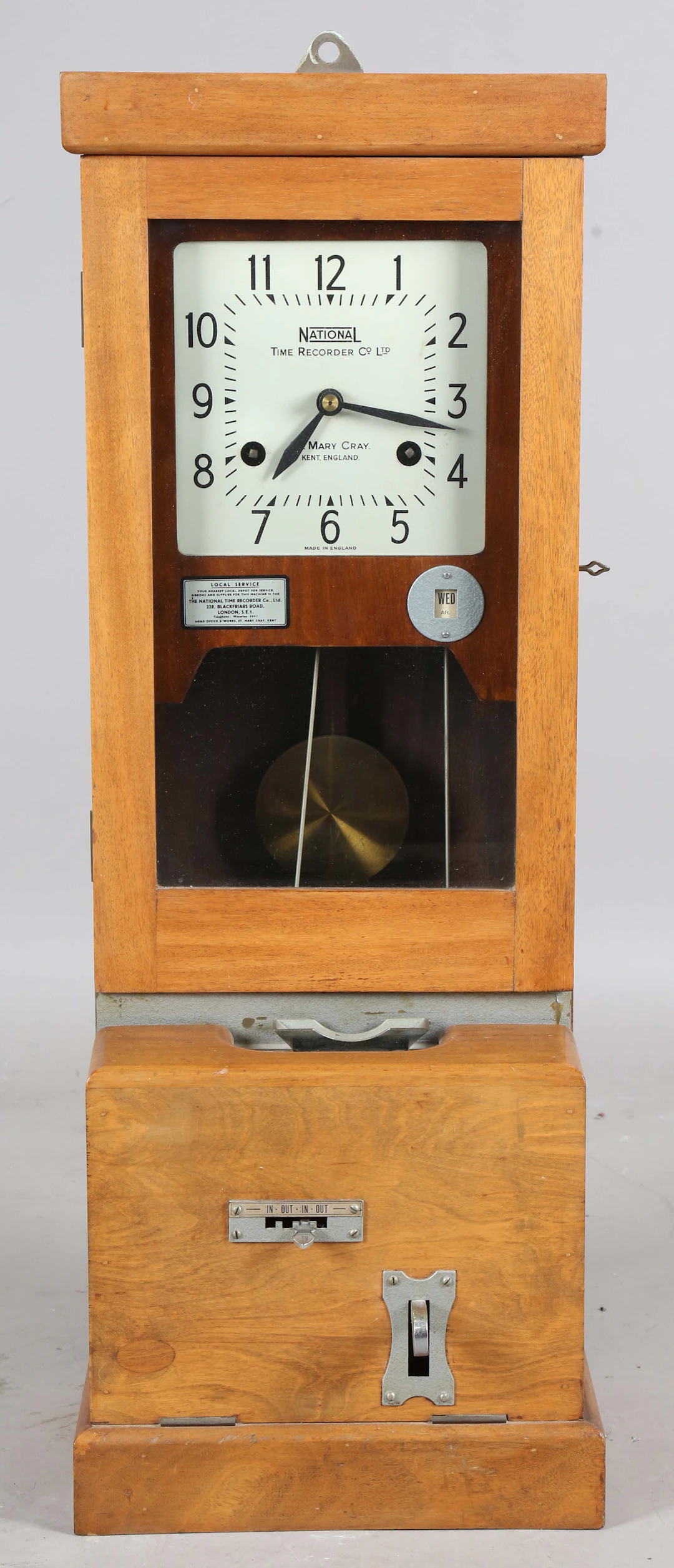 A National Time Recorder Co Ltd clocking-in clock, the signed square