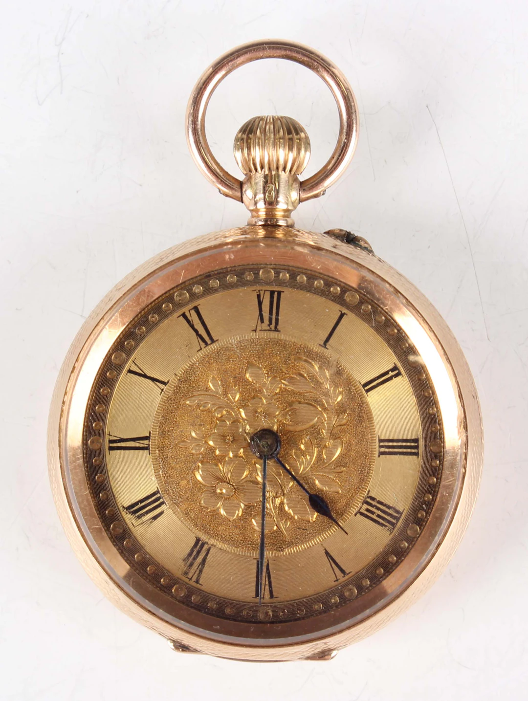 A 14K gold cased keyless wind open-faced lady's fob watch with unsigned