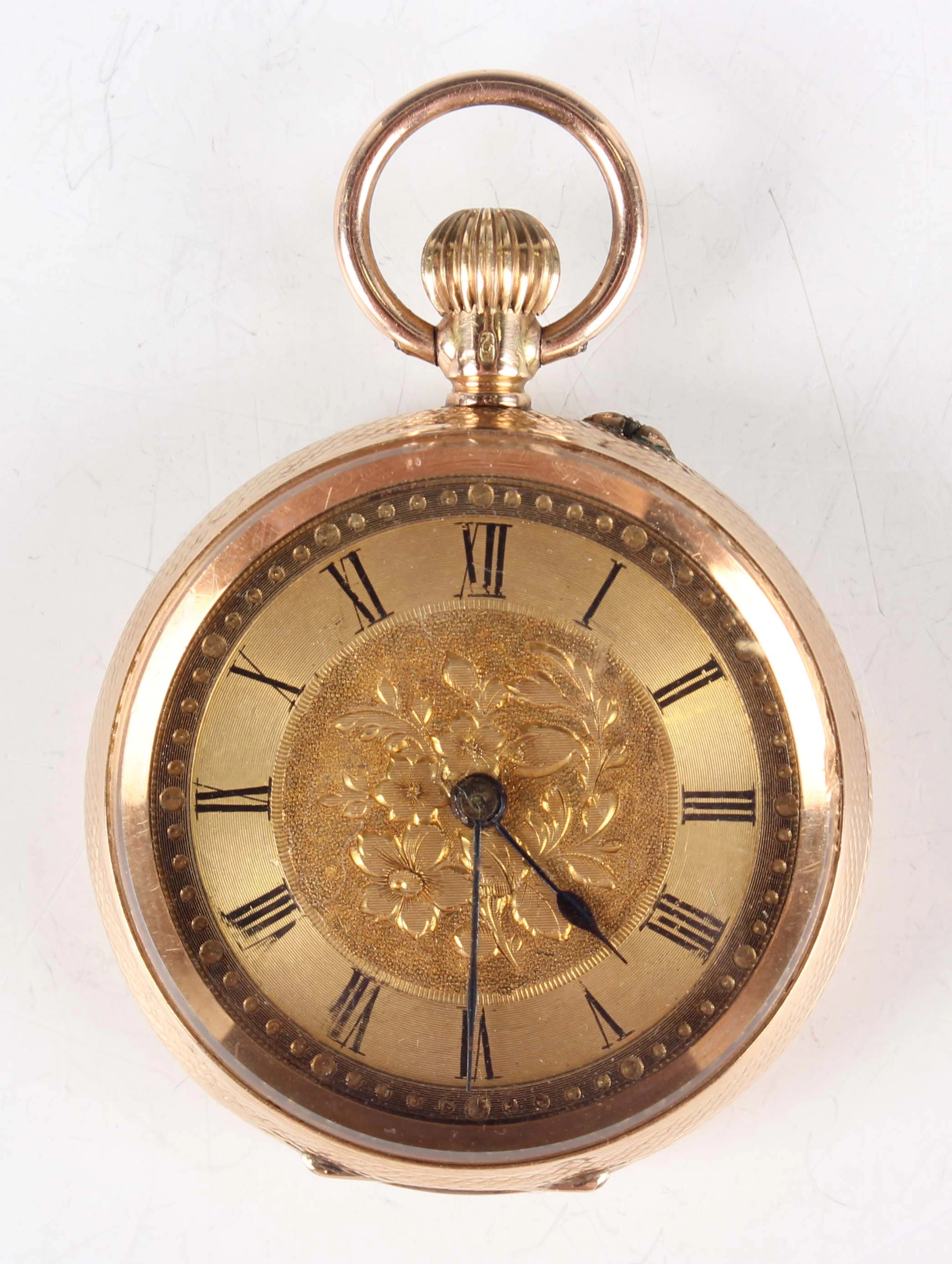 A 14K gold cased keyless wind open-faced lady's fob watch with unsigned