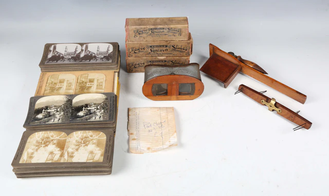 A collection of stereoscopic viewing cards, including six early French