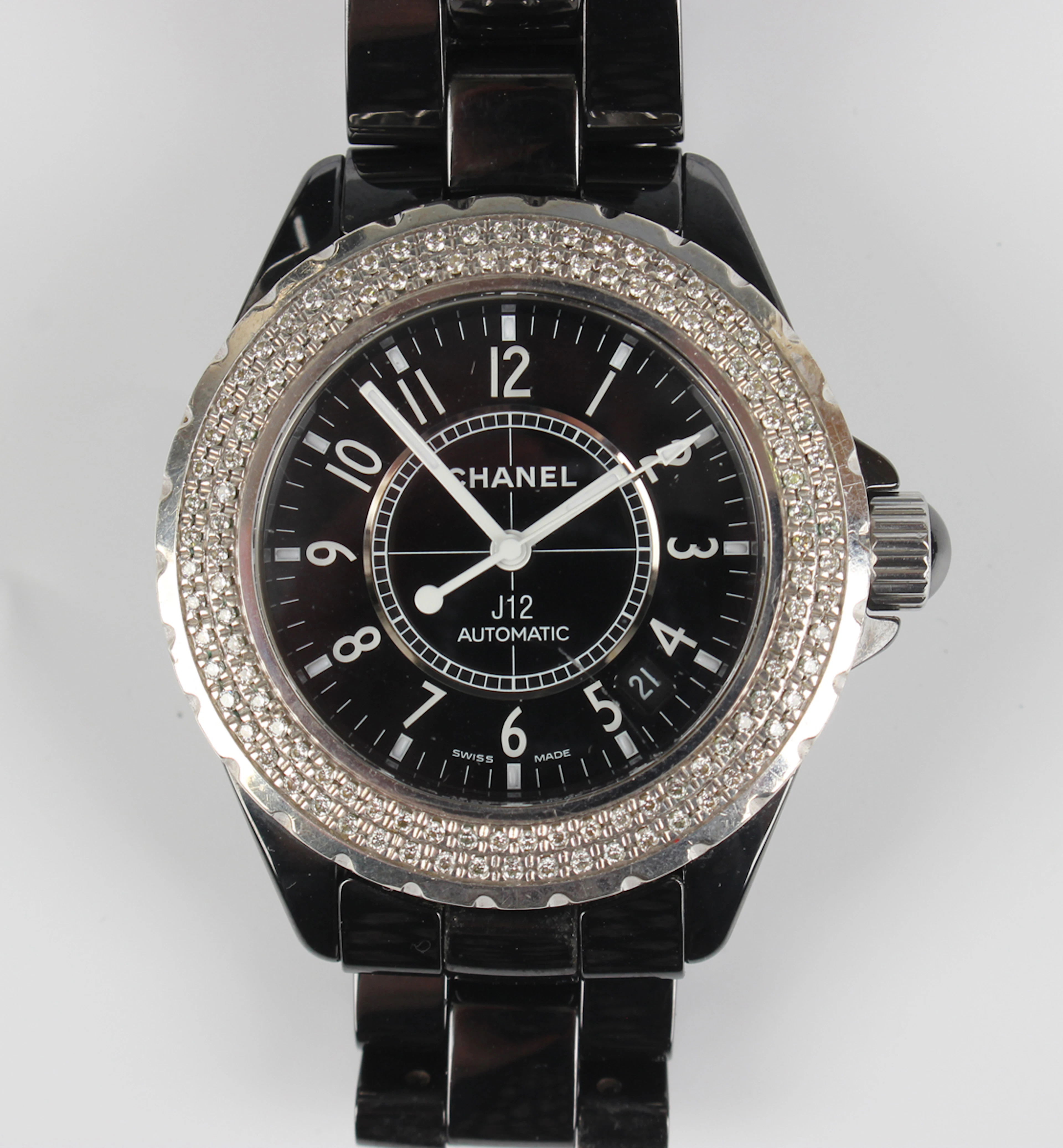 A Chanel J12 Automatic black ceramic and diamond set gentleman's bracelet