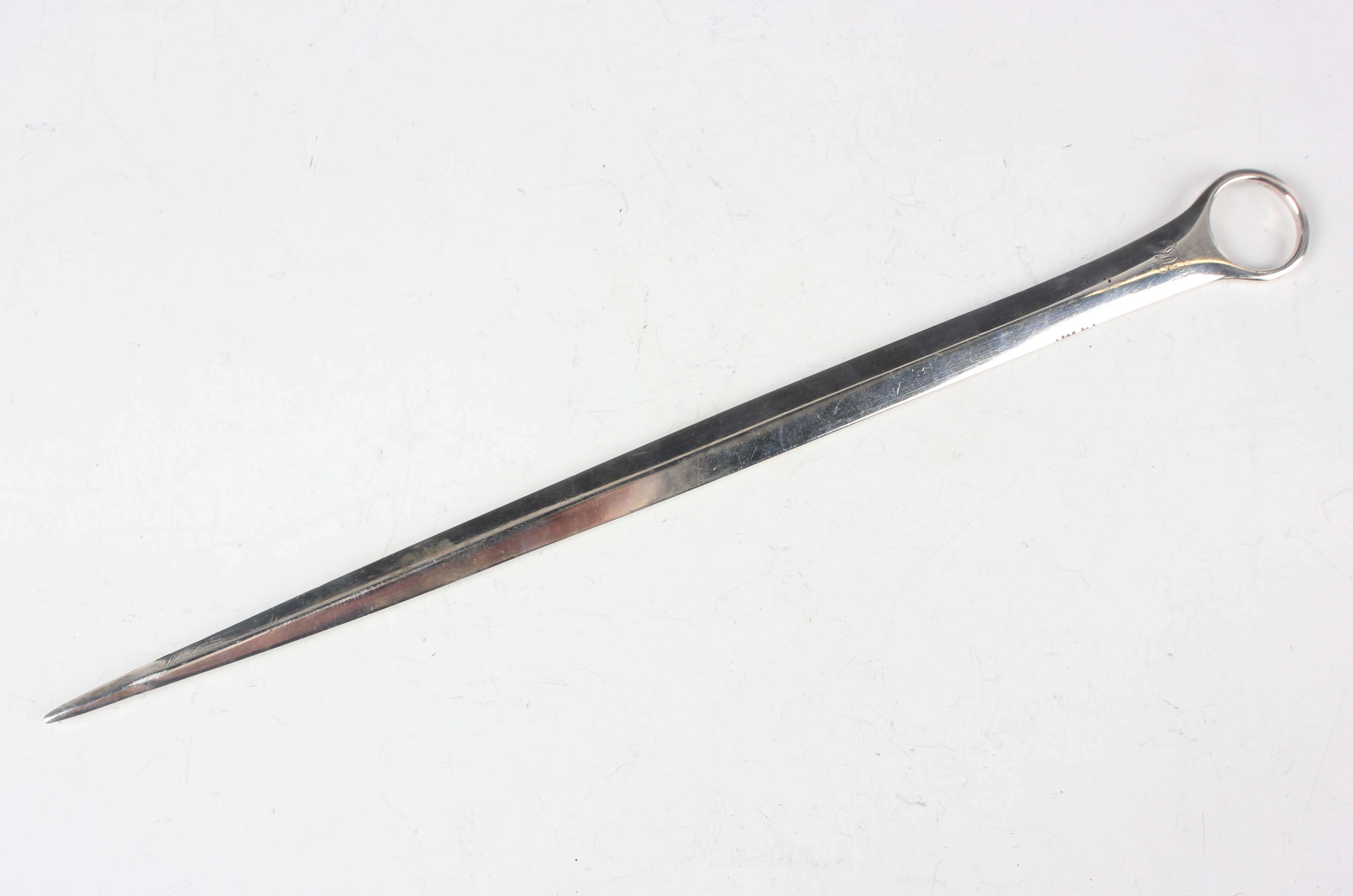 A George III silver meat skewer with ring terminal, monogram engraved