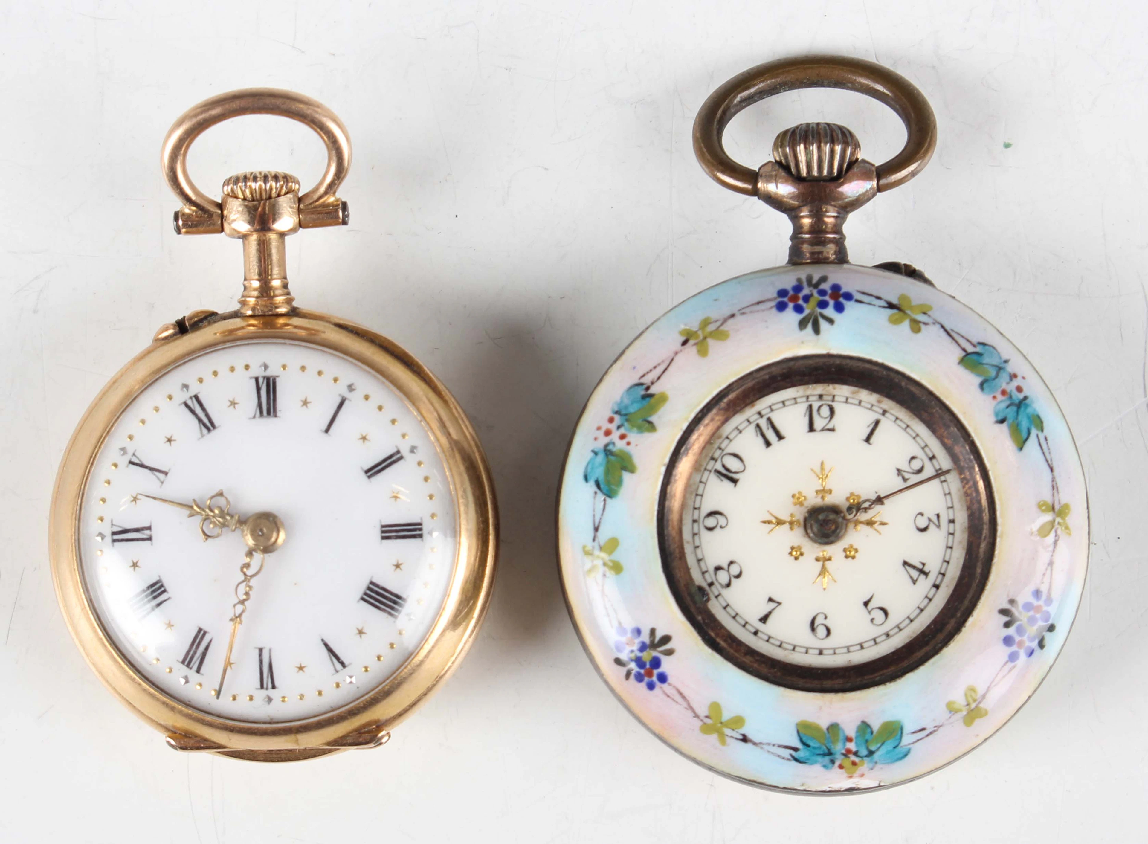 A gold and diamond set lady's fob watch with unsigned jewelled movement
